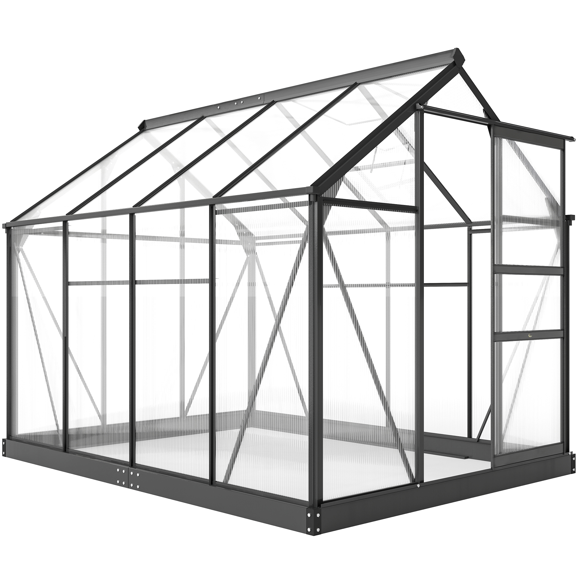 Outsunny Gewächshaus aus Polycarbonat mit Aluminiumlegierungsrahmen 4.79㎡, Garten-Gewächshaus mit Dachrinne, Dachlüftung, Schiebetür, für Pflanzen, 190x252x201cm, Grau   Aosom