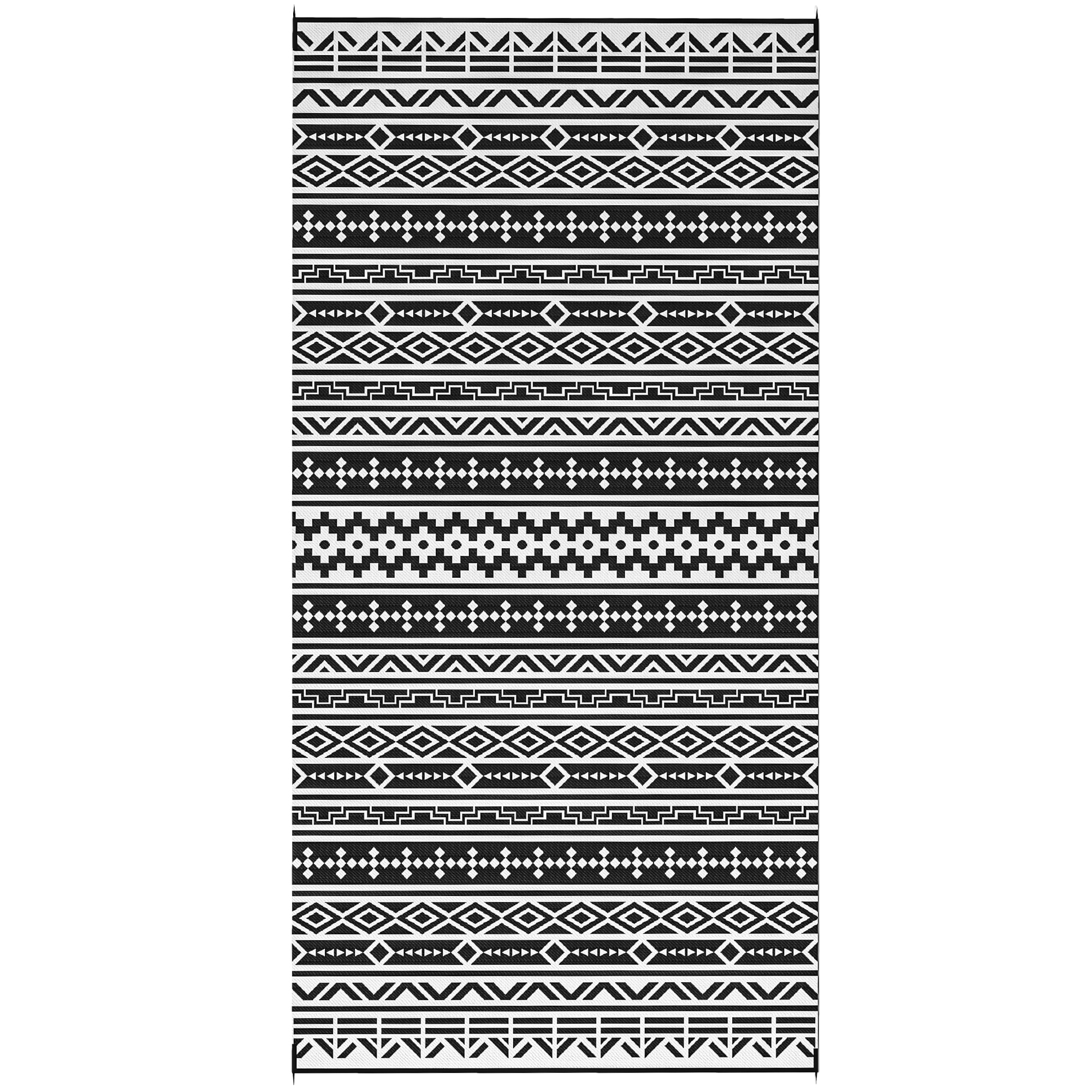 Outsunny Outdoor Teppich robuster Wetterfest Outdoorteppich, faltbar Carpet mit Boho-Style, Outdoor-Teppich für Wohnzimmer Balkon Garten Terrasse Bad Flur Küche, 548 x 274 cm Schwarz+Weiß   Aosom