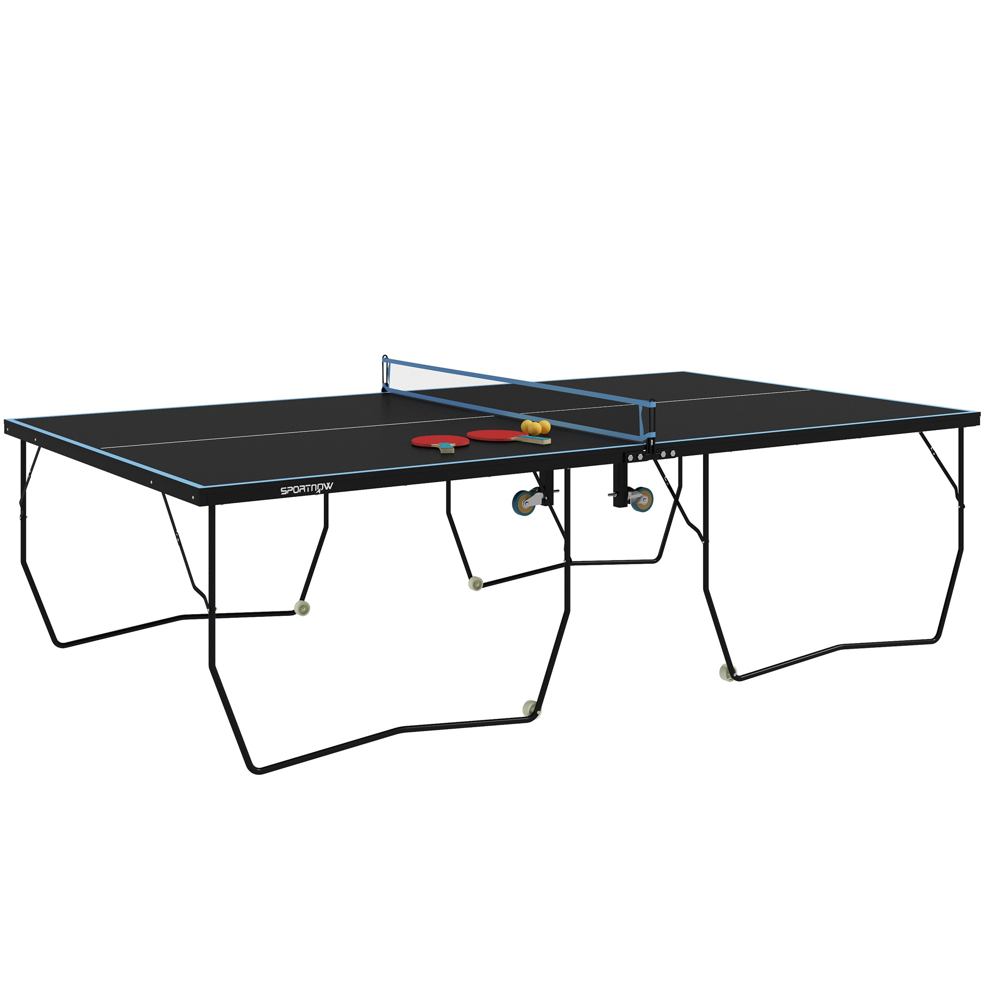 SPORTNOW Tischtennisplatte Outdoor, Klappbar Tischtennistsich mit Netz, Rollen, 2 Tischtennisschlägern und 3 Bällen, Stahl, Schwarz, 274 x 152,5 x 76 cm Aosom