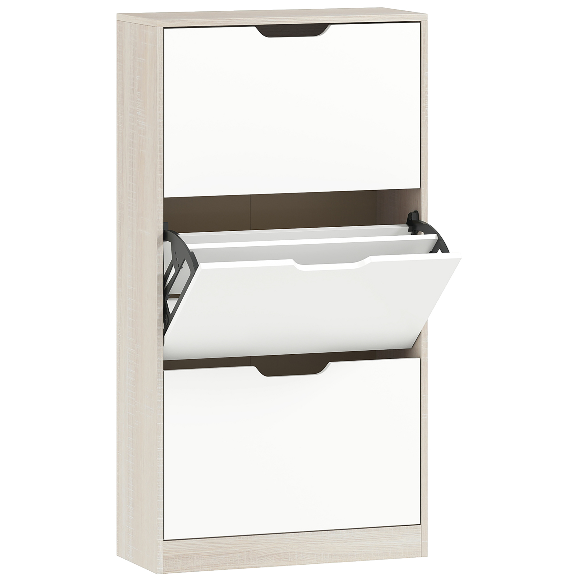 HOMCOM Schmaler Schuhschrank, 3 Klapptüren, Schuhschrank für Eingangsbereich, Platz für 18 Paar Schuhe, für Flur, geringe Stellfläche, 62,5x26x117,5 cm, Eiche und Weiß   Aosom