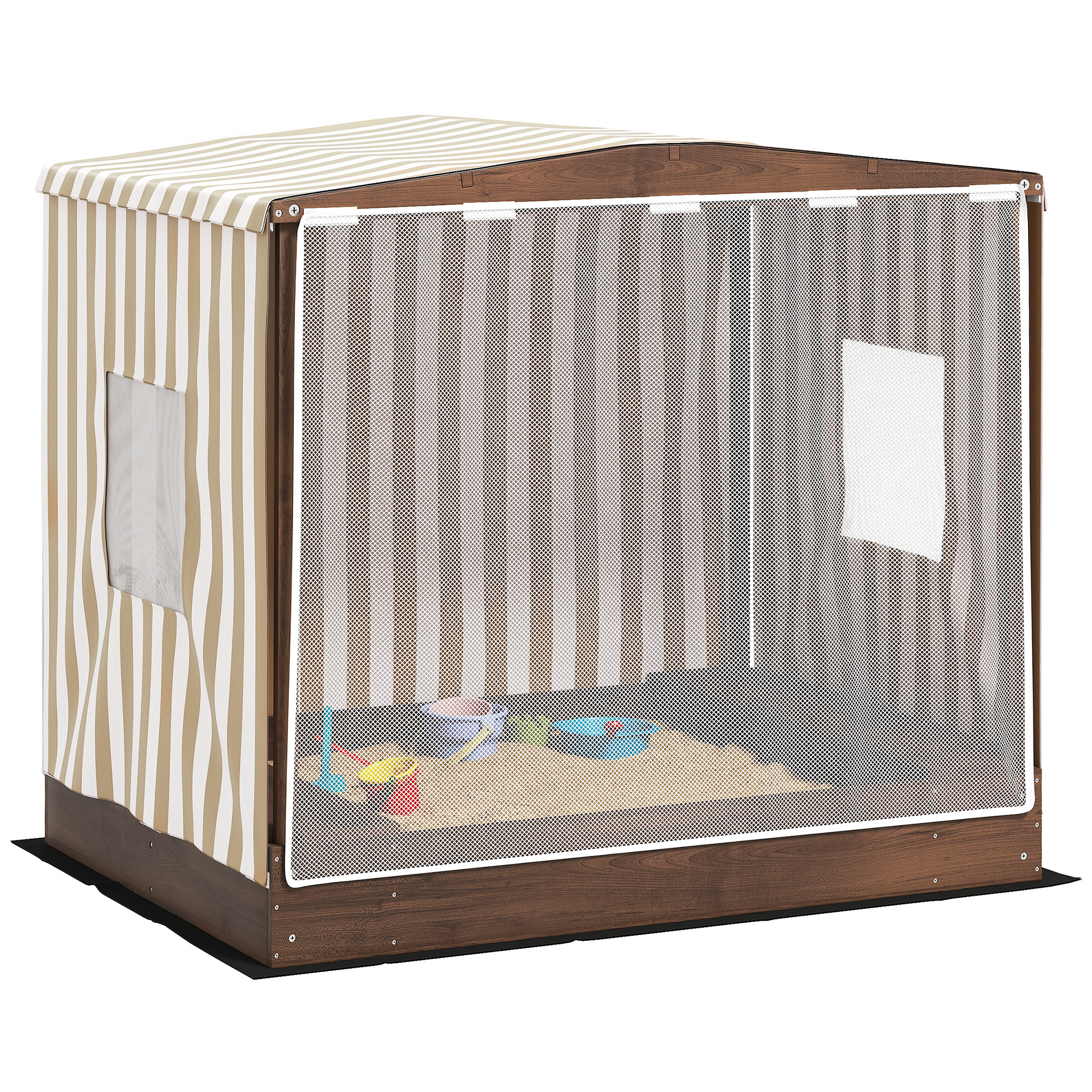 AIYAPLAY Sandkasten mit Vordach und Netztür, 142 x 101,5 cm Sandkiste aus Holz Sandbox mit Sitzbank, Stauraum, Bodenschutz, für 4 Kinder 3-6 Jahre Braun   Aosom