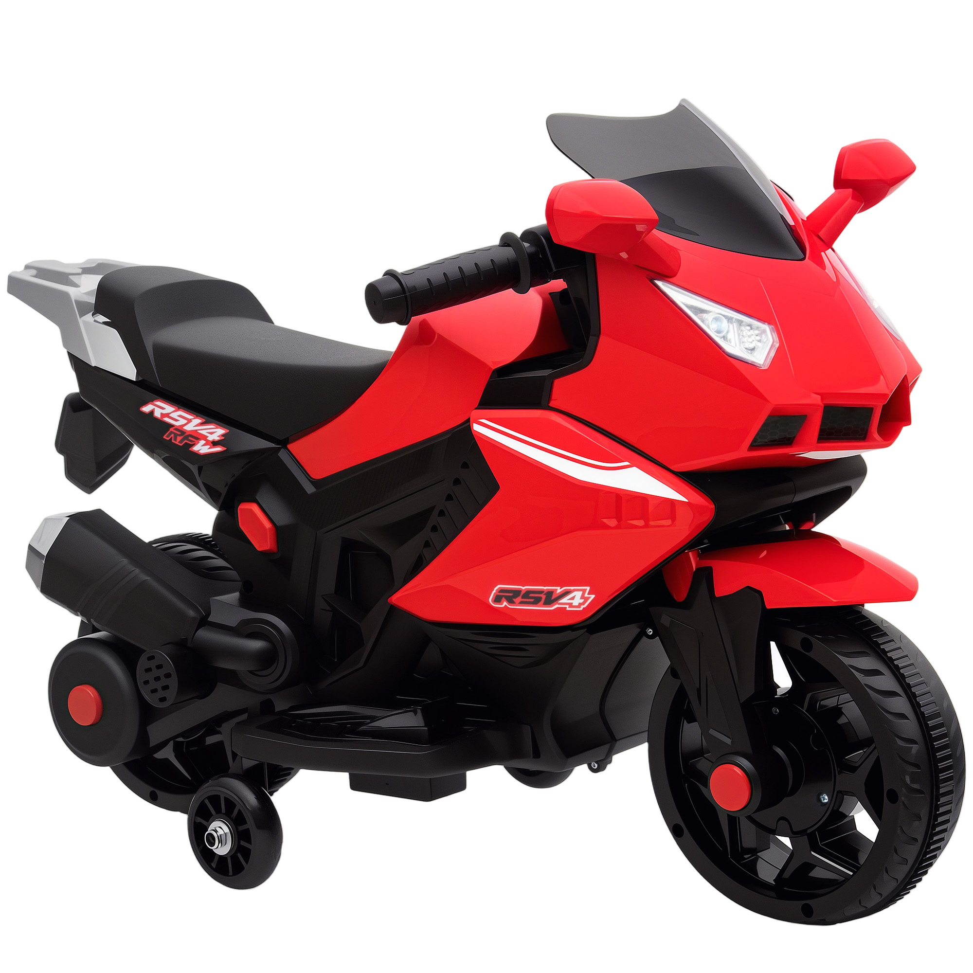 AIYAPLAY Elektro Kindermotorrad Elektromotorrad mit USB, Stützrädern, Musik, Hupe Scheinwerfer, Kinder Elektro Motorrad mit 2 Stützrädern für Kinder 1,5–3 Jahren Rot   Aosom