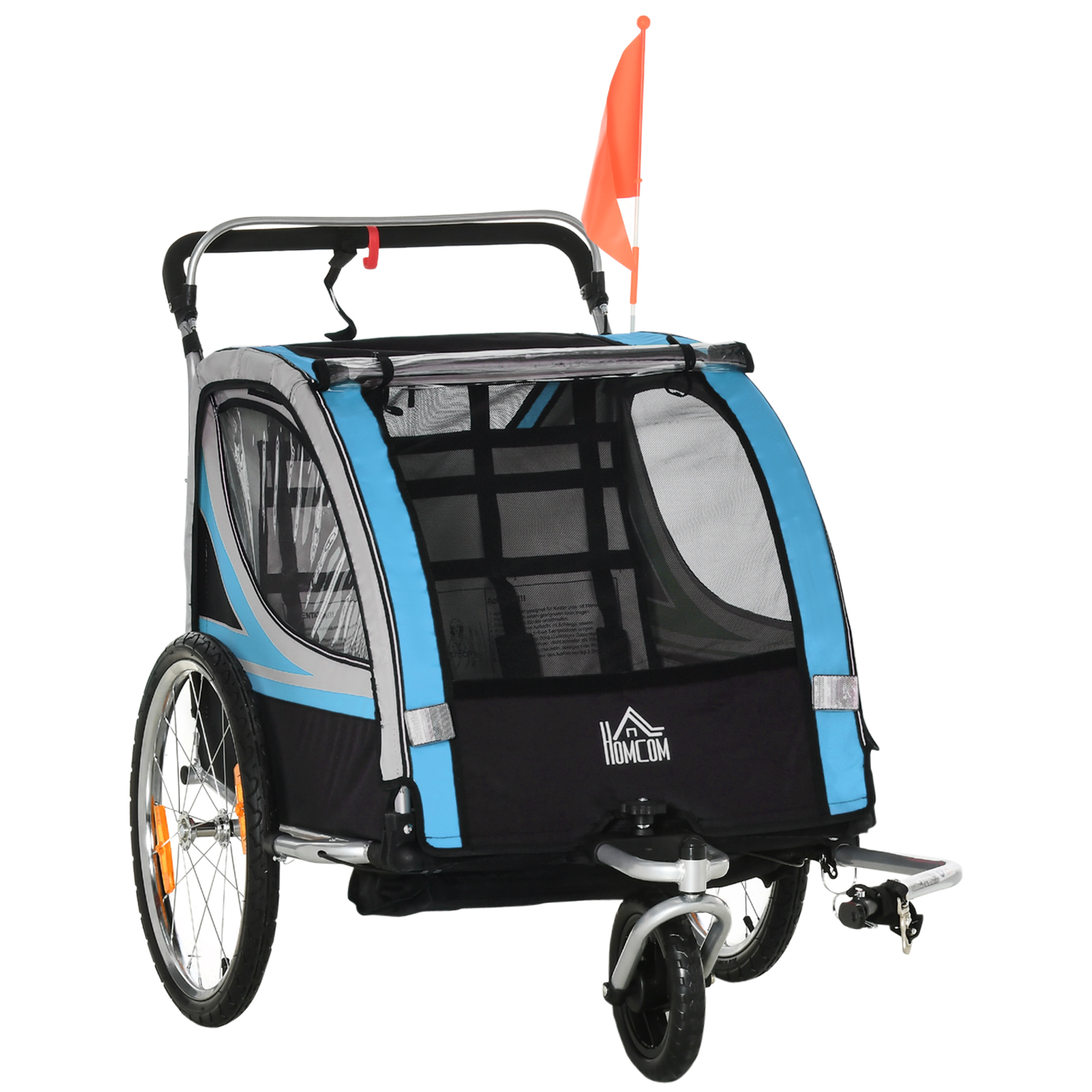 HOMCOM Fahrradanhänger 2 in 1 Kinderwagen Buggy, 360° Drehbar, Stahl Oxford, Blau+Schwarz Aosom