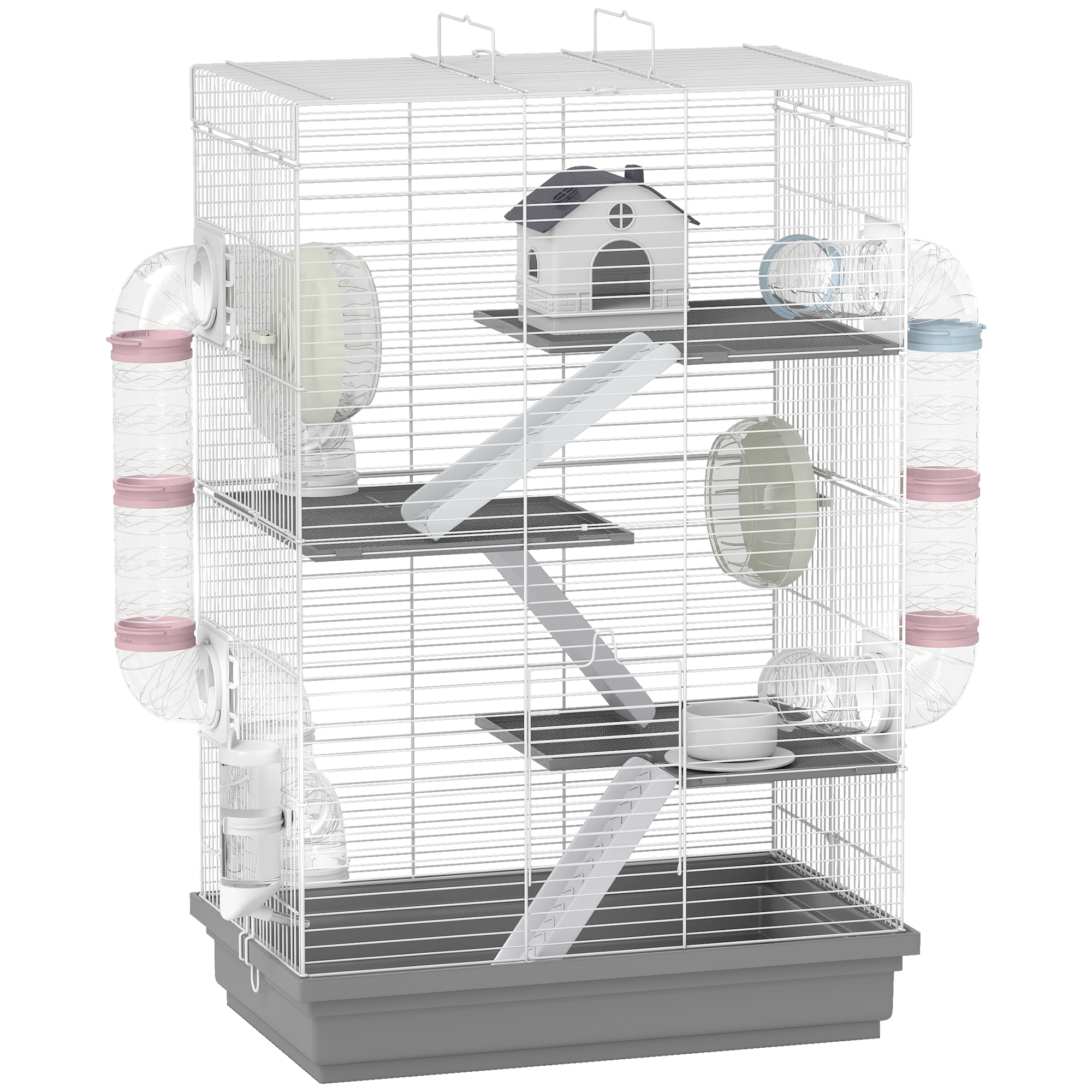 PawHut Hamsterkäfig 4 Ebenen und 16 Rohre mit Häuschen, Rampe, Schüsseln, Wasserbehälter und Tropfschale, Hamsterkäfig aus Metall und Kunststoff, 47x30x70 cm, Grau   Aosom