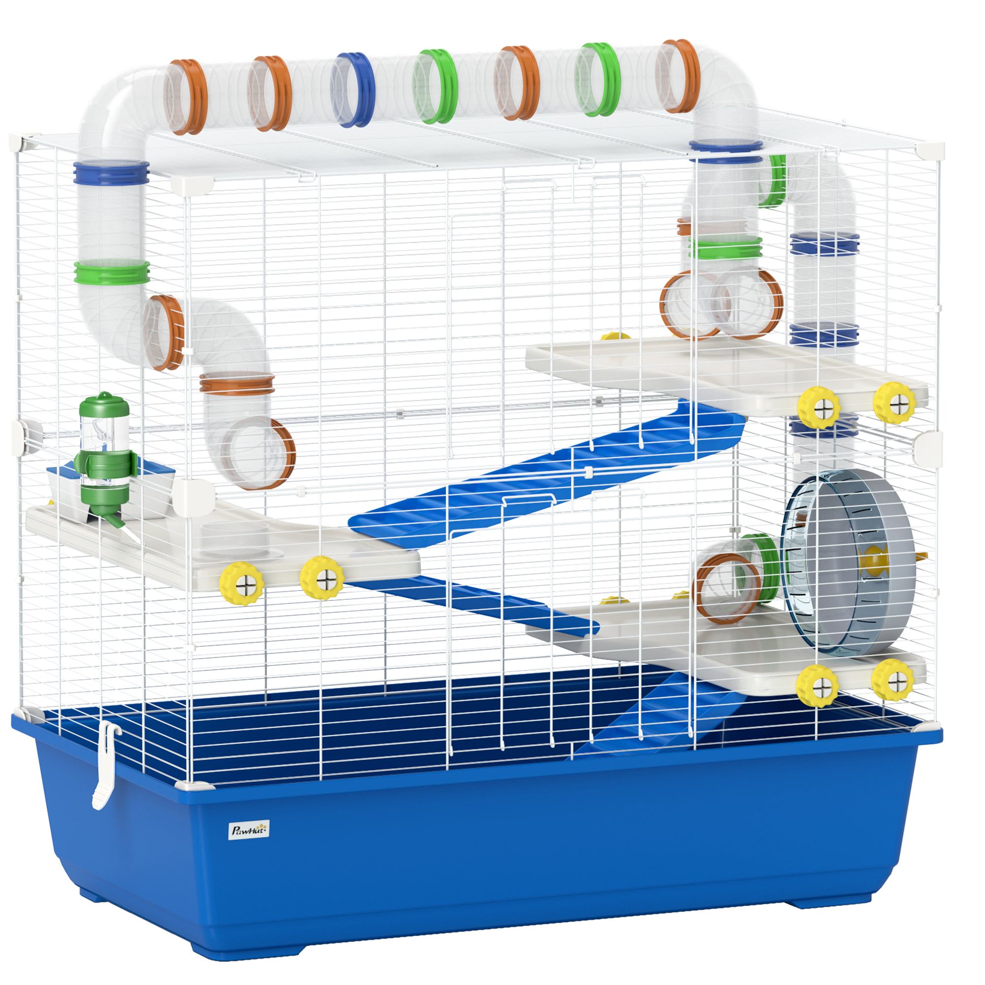 PawHut Hamsterkäfig für Zwerghamster 4 Etagen Nagerkäfig Kleintierkäfig mit Laufrad Futternapf und Zubehör, groß Mäusekäfig Käfig 78 x 45 x 73 cm Blau   Aosom
