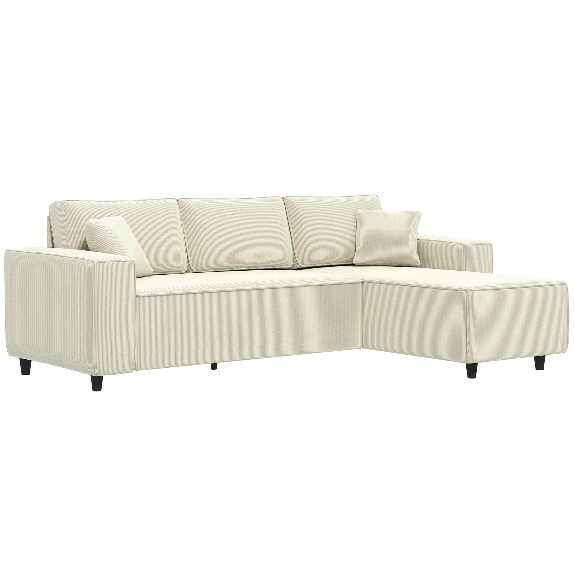 HOMCOM Ecksofa 3-Sitzer Sofa in L-Form Eckcouch mit Umkehrbarer Chaiselongue 2 Kissen Federpolster, Polsterecke aus Cordstoff Wohnlandschaft für Wohnzimmer Schlafzimmer 241x153x83 cm Cremeweiß   Aosom