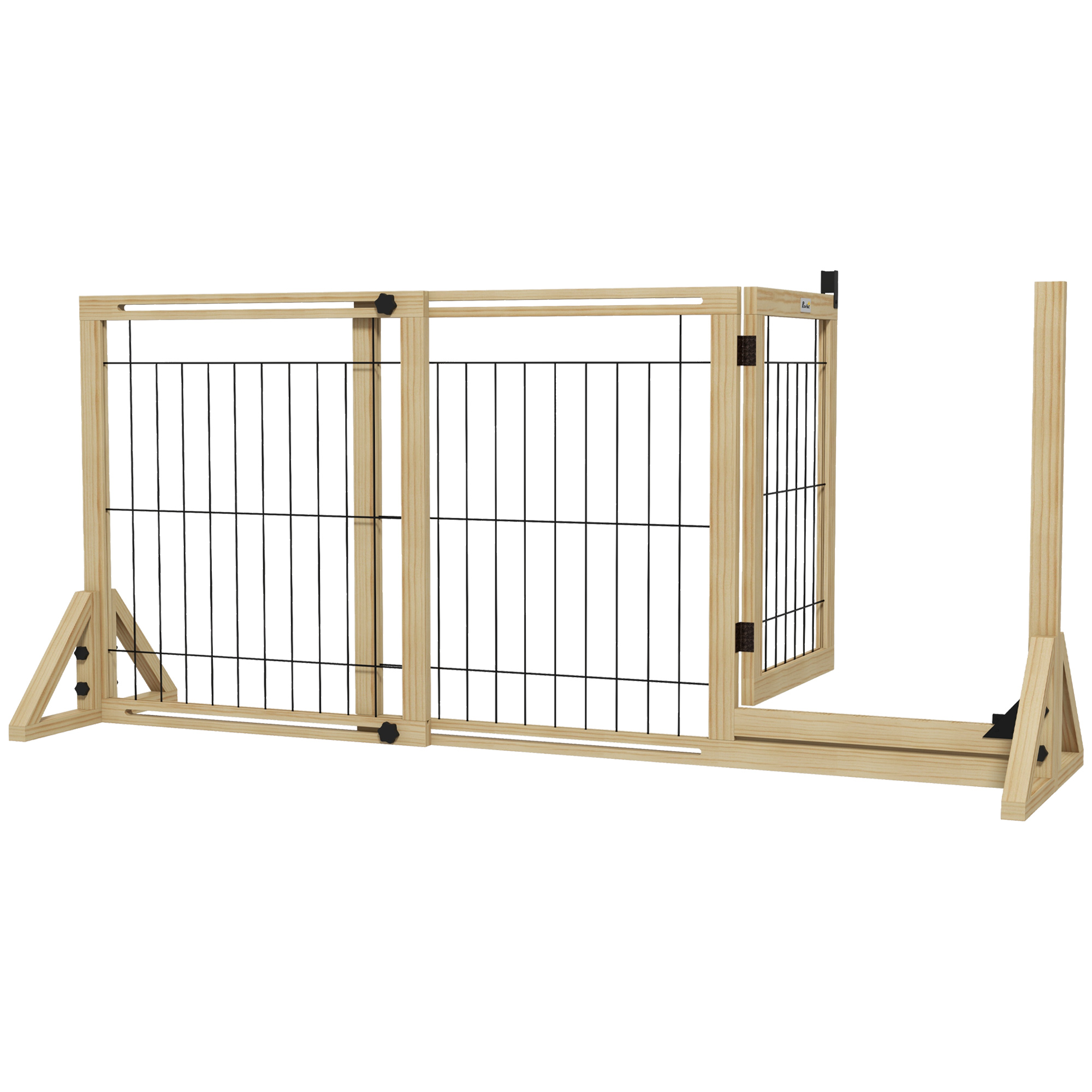 PawHut Verstellbares Hundegitter, Sicherheitsgitter für Haustiere und Welpen mit Tür und 2 Paneelen, Dreieckige Füße, 112-159x70 cm, Naturholz Aosom