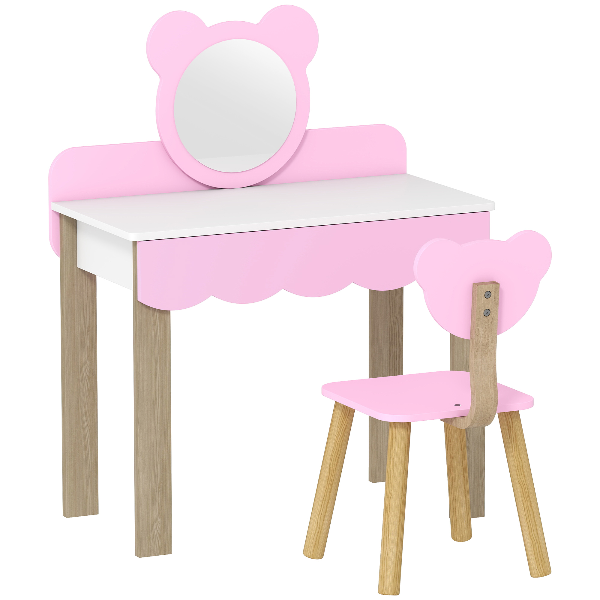 AIYAPLAY Kinder Schminktisch Set Frisiertisch mit Hocker Spiegel Schubladen Zubehör, Make-up Tisch Set im Bärendesign, Kinderschminktisch Prinzessin Kosmetiktisch für Mädchen 3-8 Jahre Rosa   Aosom