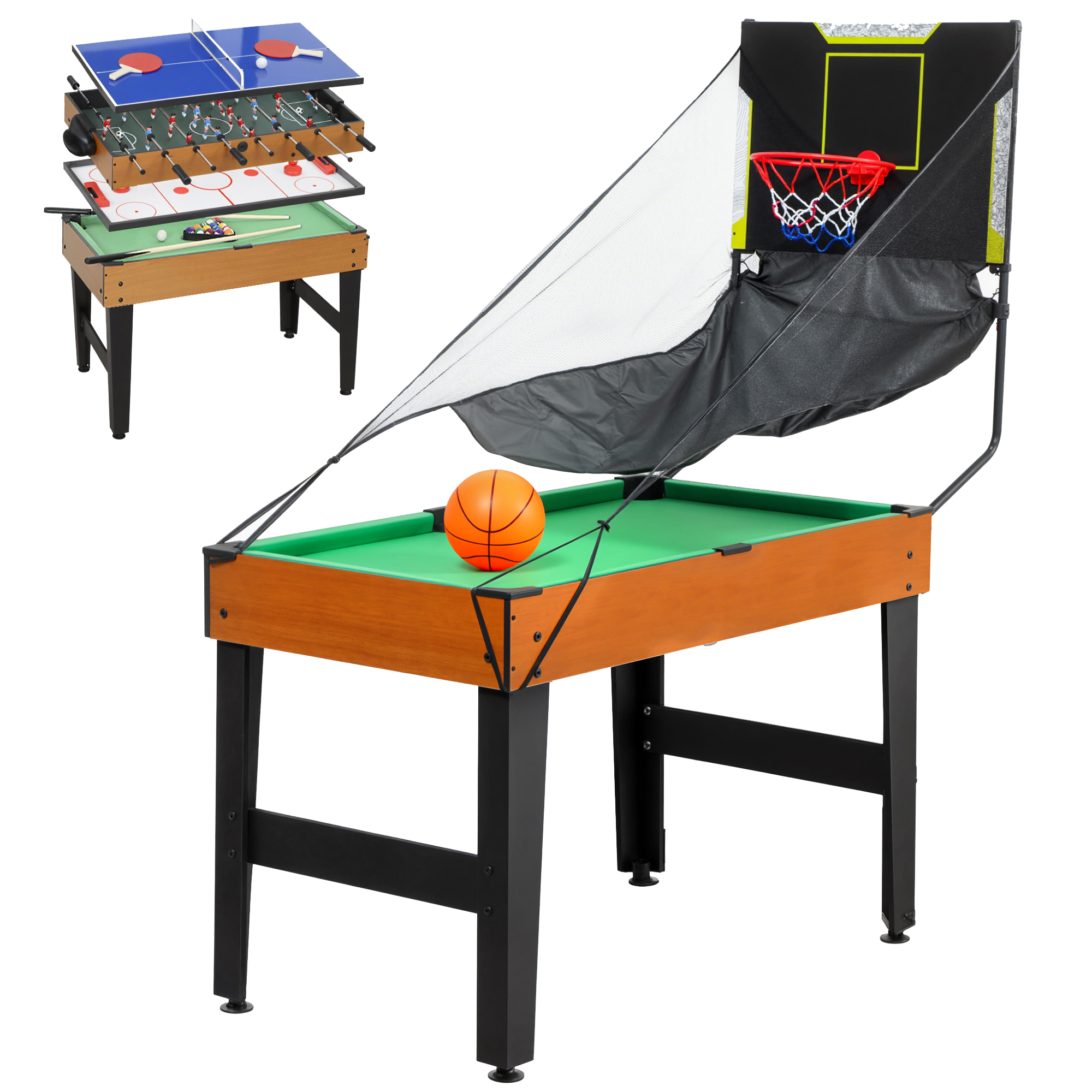 SPORTNOW 5-in-1 Multi Spieltisch Multifunktionstisch mit Tischtennis Billardtisch Tischfußball Hockey Basketball Kickertisch inkl Zubehör Spieletisch für Spielzimmer Bars Partys für Kinder Erwachsene Aosom