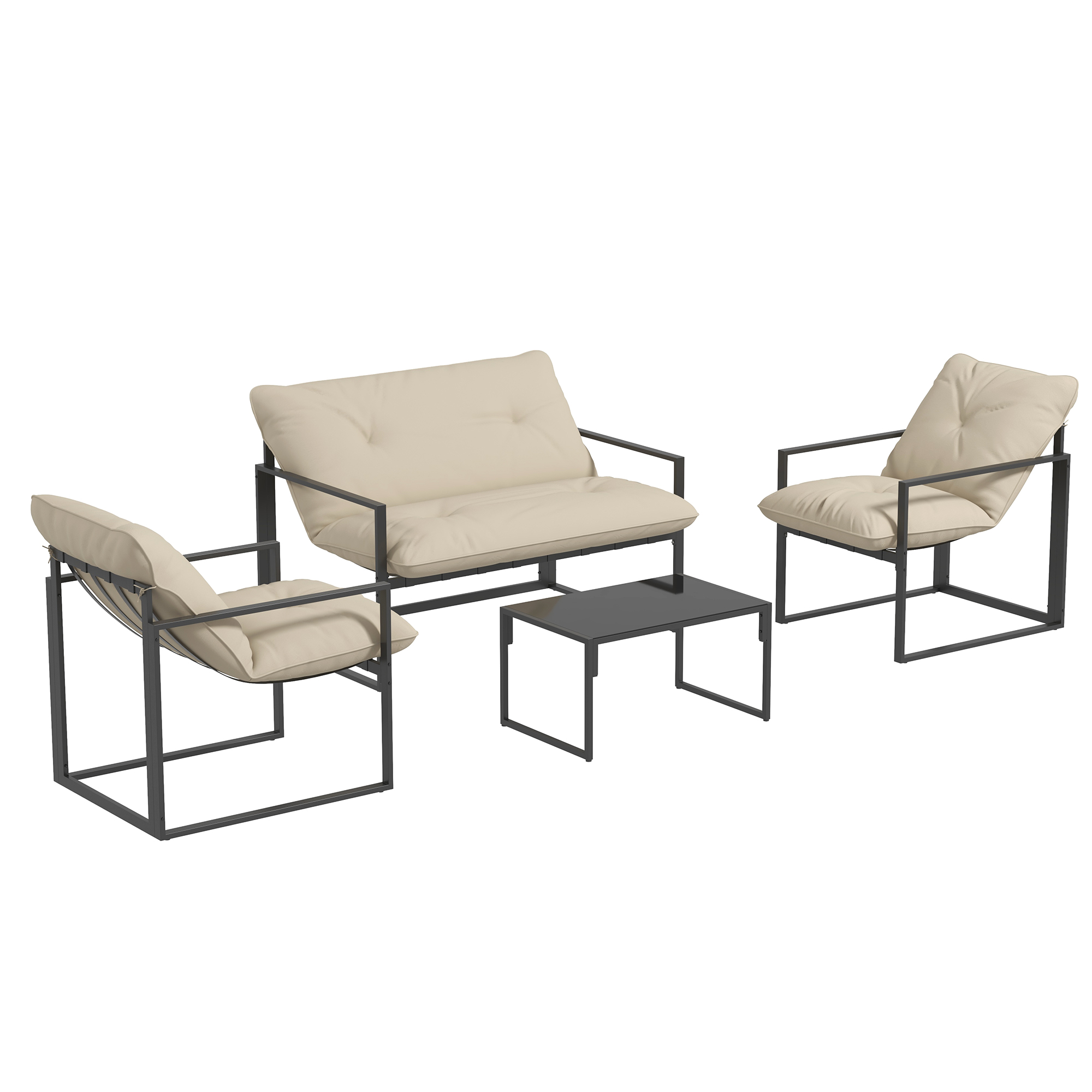 Outsunny Gartenmöbel-Set 4 Personen mit 2-Sitzer-Sofa, 2 Sesseln und 1 Couchtisch 3 Kissen für Terrasse Garten - schwarzer Stahl, graues Polyester Aosom