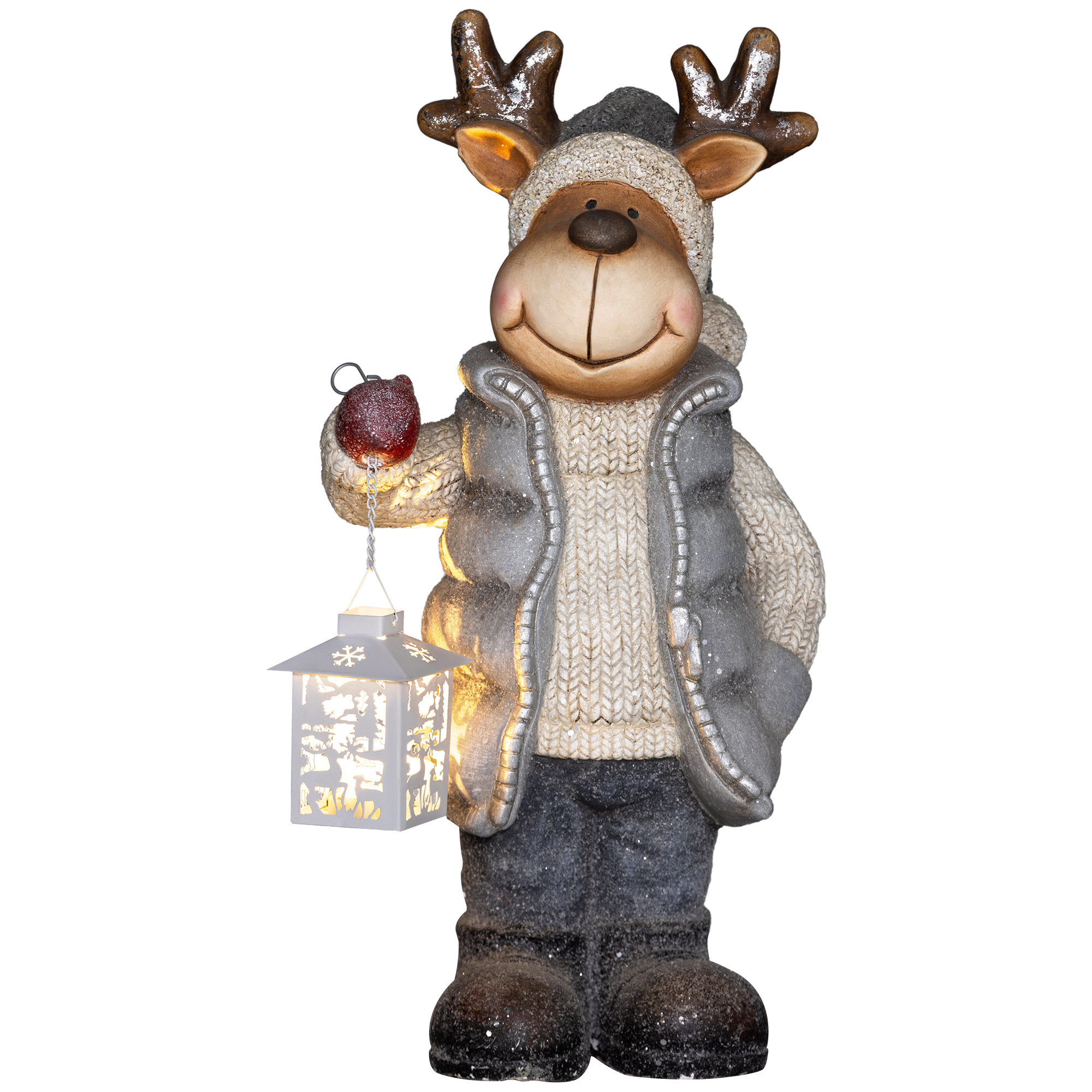 HOMCOM Weihnachtsdeko Figur, Rentier mit Laterne, 52 cm Weihnachtsfigur mit LED-Licht, Dekofigur zu Weihnachten, für In- und Outdoor, Metall Aosom