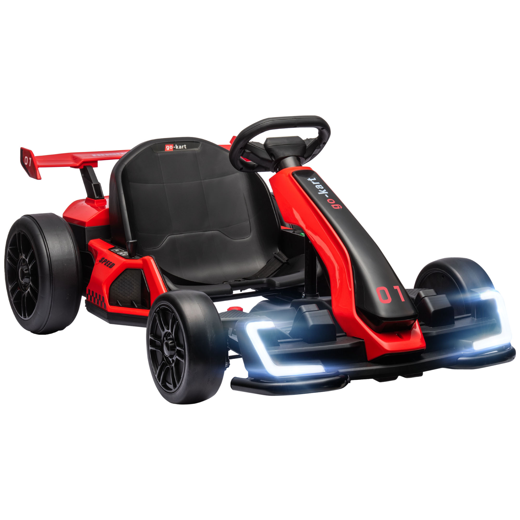 HOMCOM Kinder Elektro Gokart 24 V 6-12km/h Drift Kart mit Driftmodus, Langsamem Start, 3-Fach verstellbarem Sitz Go Kart mit Anzeige Musik, Sicherheitsgurt Kinderfahrzeug für 6-12 Jahre Kinder Rot Aosom