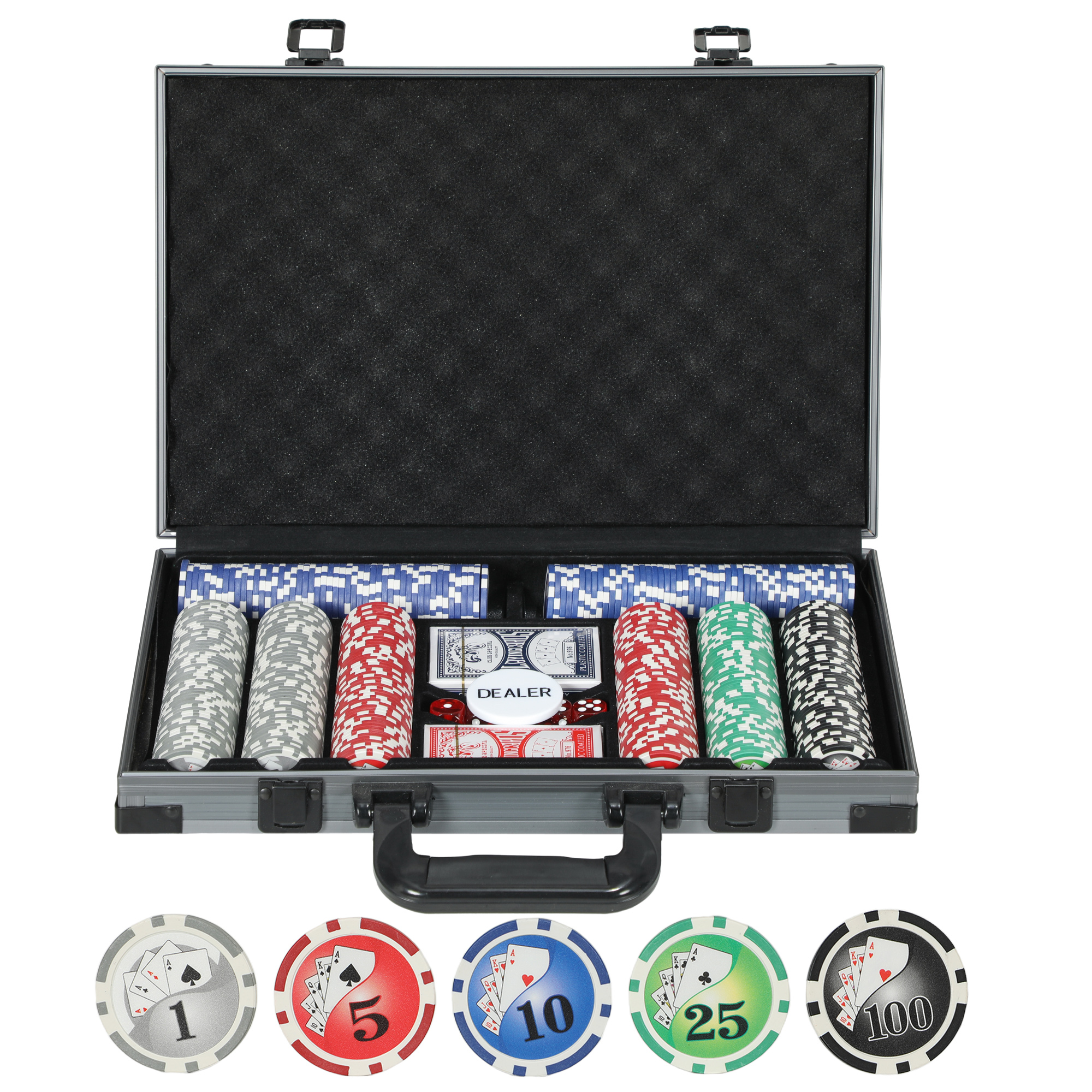 SPORTNOW Pokerkoffer Pokerset, Poker Komplett Set mit 400 Chips, 11,5 Gramm, 2 Kartendecks, 5 Würfeln, Dealer-Scheibe, Spielmatte, Aluminiumkoffer Aosom