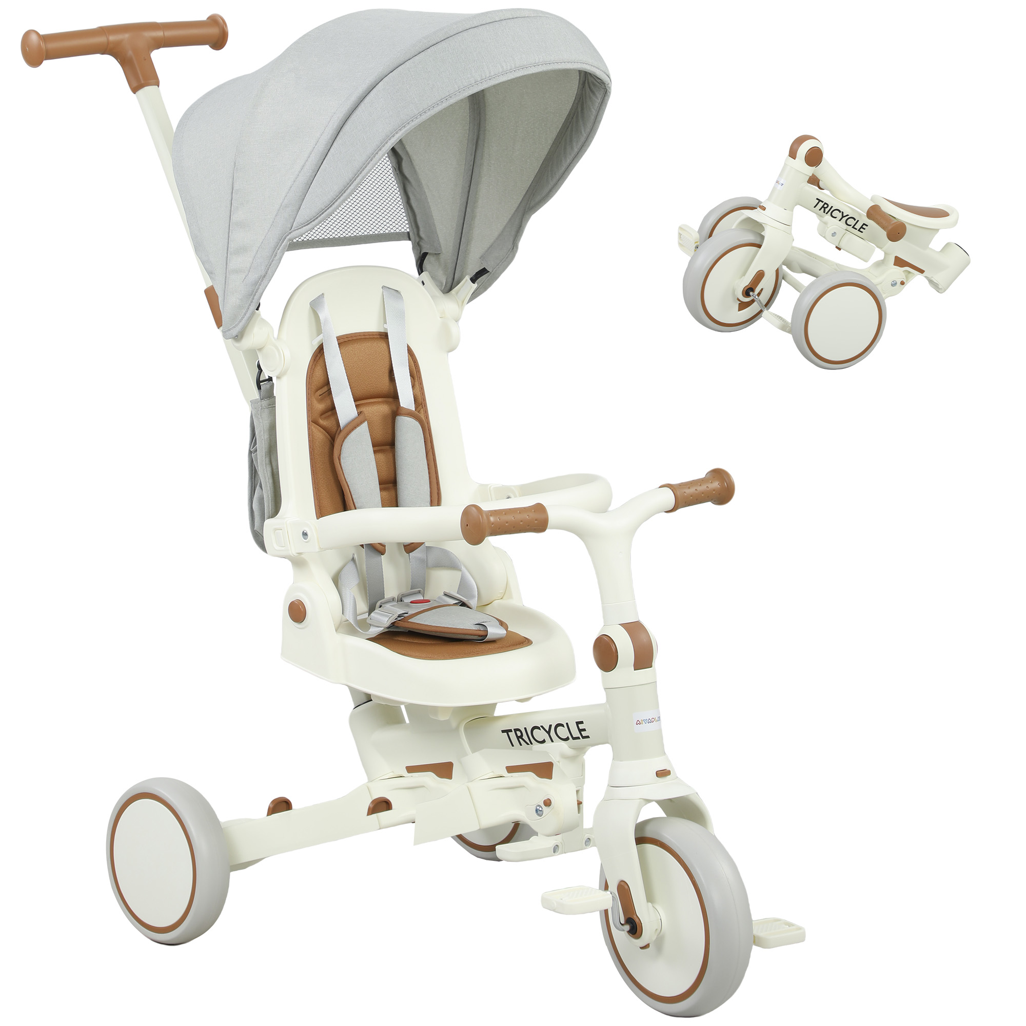 AIYAPLAY Dreirad 5-in-1 mit Schubstange für 1-3 Jahre Faltbar Kinderdreirad mit reversiblem Sitz, Fußstütze, ausziehbar Sonnendach, Aufbewahrungstasche, Sicherheitsgurt Cremeweiß   Aosom