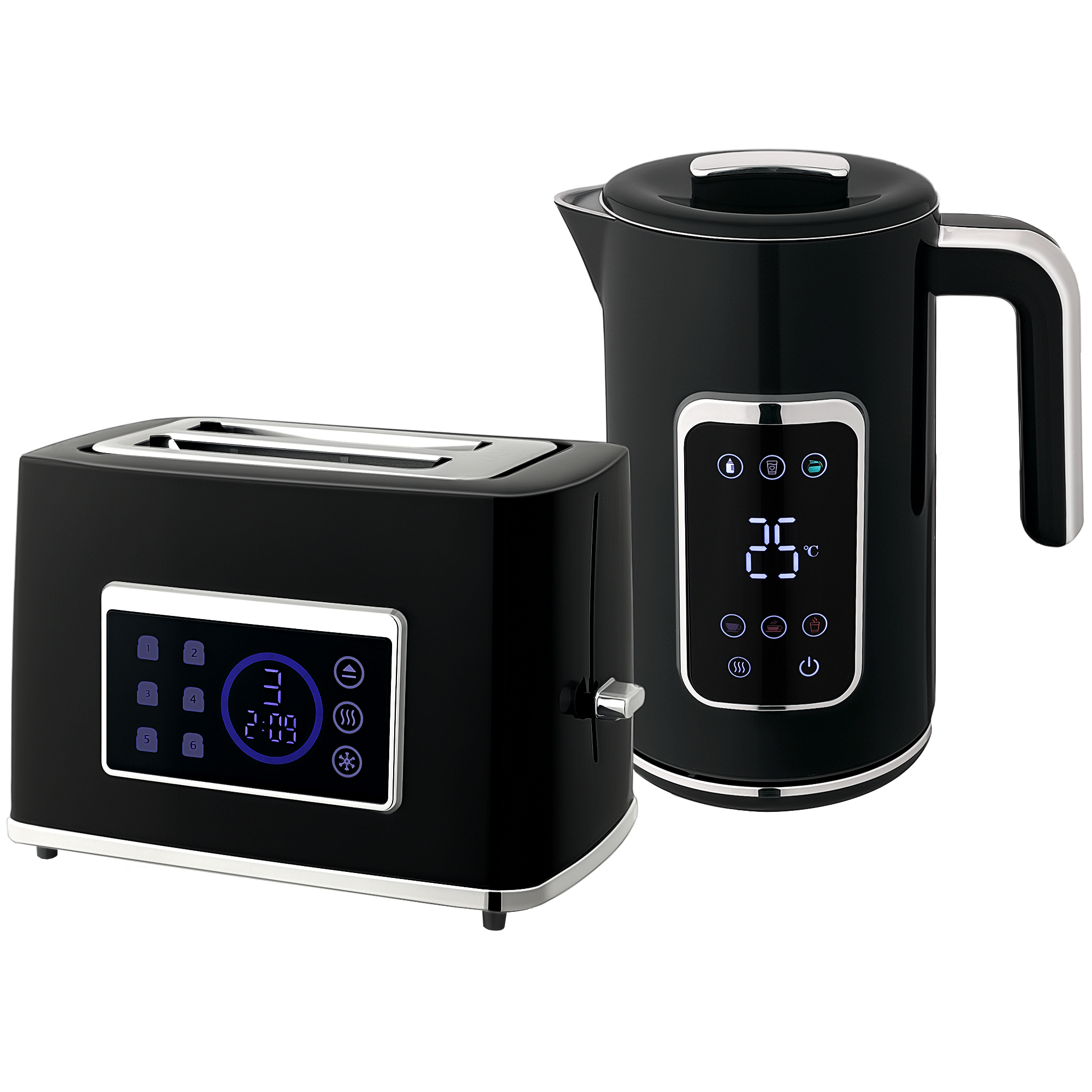 HOMCOM Wasserkocher Toaster Set 1,7L Edelstahl Wasserkocher 2 Scheiben Toaster 2200W Frühstücksset mit 6 Bräunungsstufen, Memory-Funktion, Auftauen, Aufwärmen, Krümelfach, LED-Touchscreen Schwarz Aosom