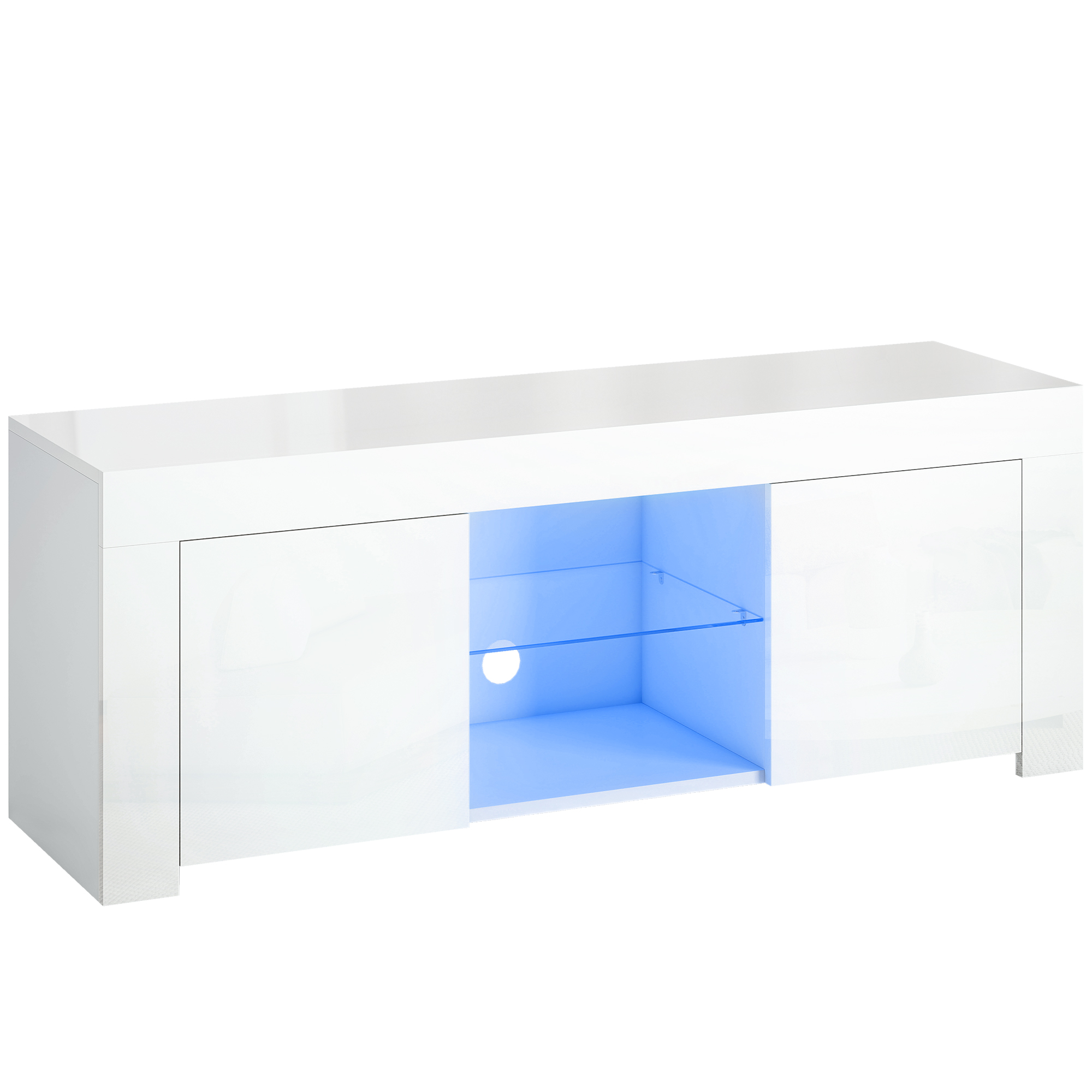 HOMCOM TV Schrank TV Board mit 2 Türen, RGB LED Leuchte, Hochglanz TV Lowboard für Fernseher bis zu 55 Zoll mit Glasregal, Kabelmanagement Fernsehtisch für Wohnzimmer Weiß 120x34x45cm Aosom