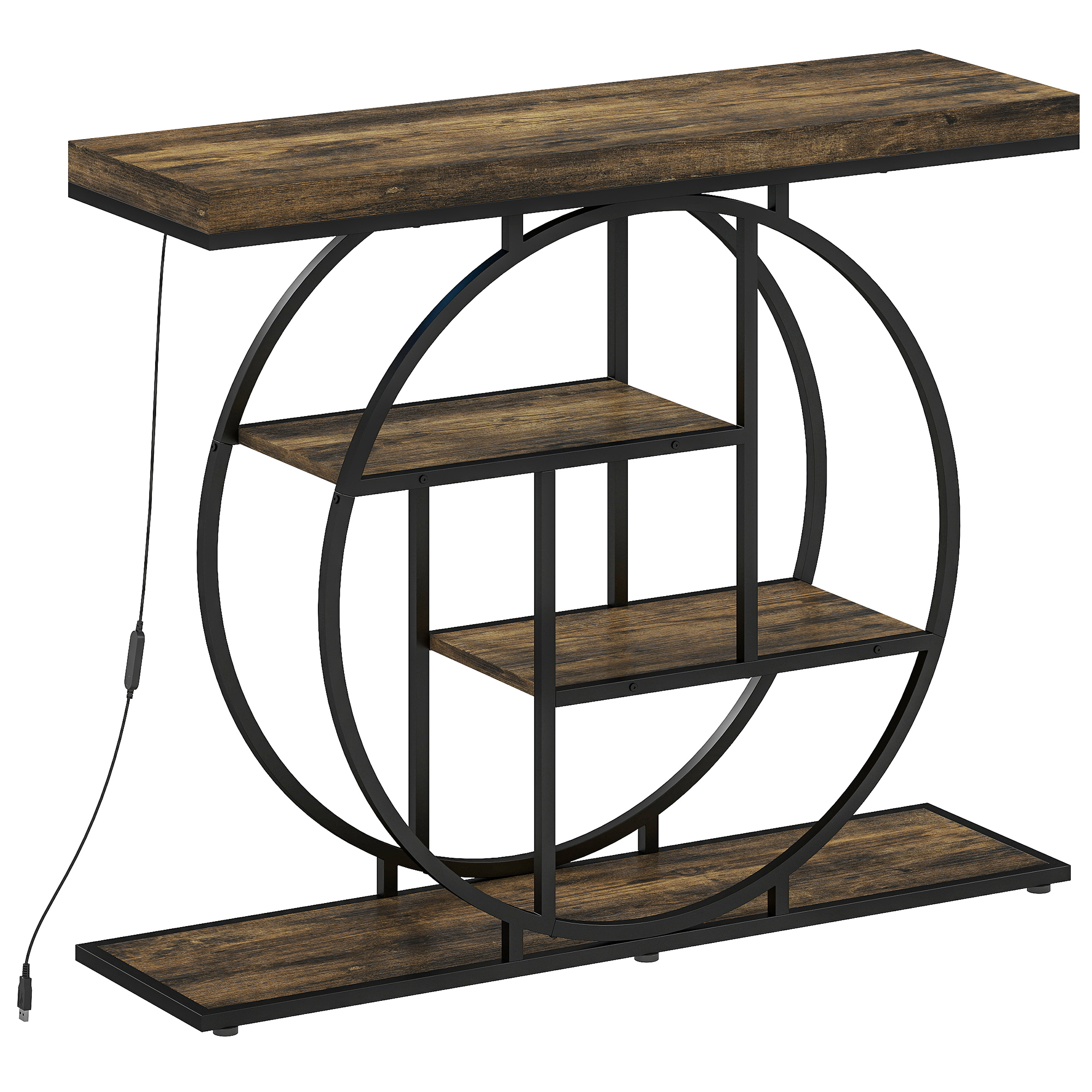 HOMCOM Konsolentisch mit LED-Beleuchtung Musik-Sync 100 cm, Konsole 4 Ebenen, offene Ablagen, runder Stahlrahmen, Eingangs- und Wohnzimmertisch, Flur, industrieller Stil, rustikales Braun und Schwarz Aosom