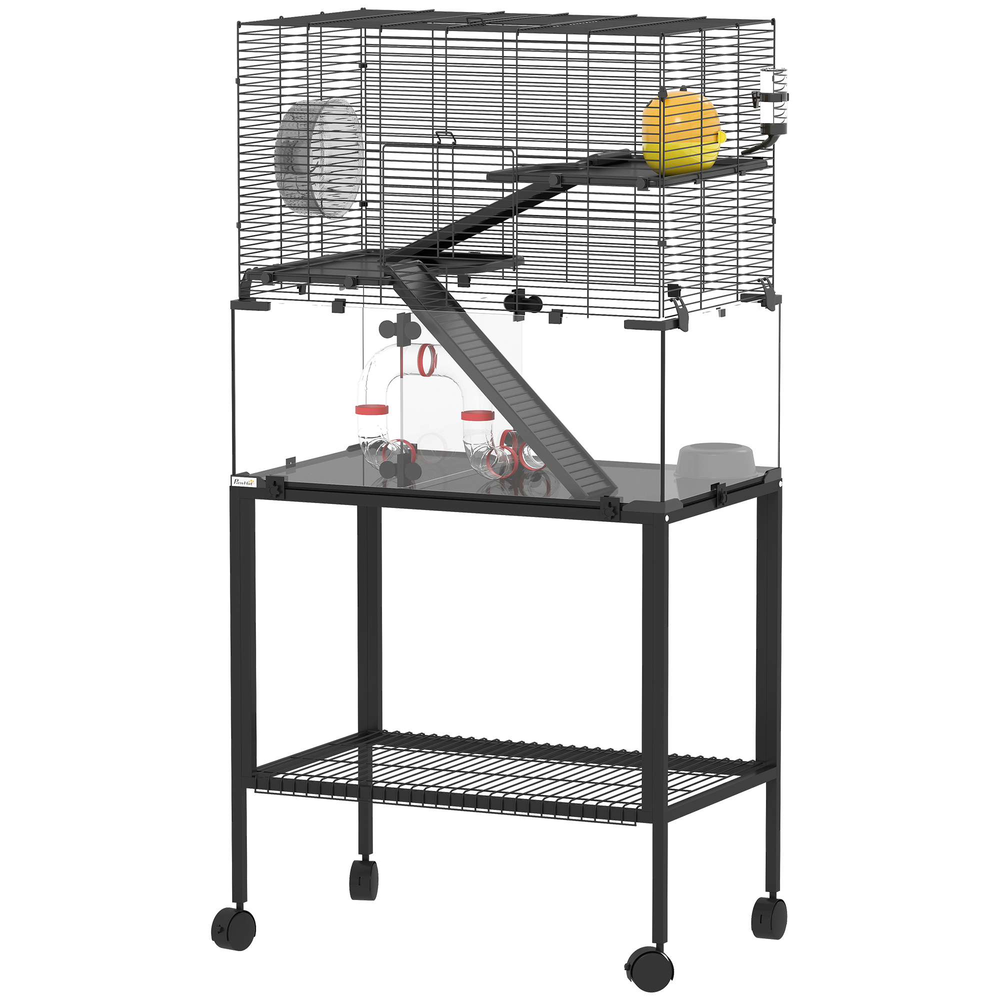 PawHut Hamsterkäfig mit Rollen 3 Etagen Nagerkäfig Kleintierkäfig mit Röhrensystem, Hütte, Rampen, Fressnapf und Zubehör Mäusekäfig Käfig für Zwerghamster 77 x 49 x 130,5 cm Schwarz Aosom