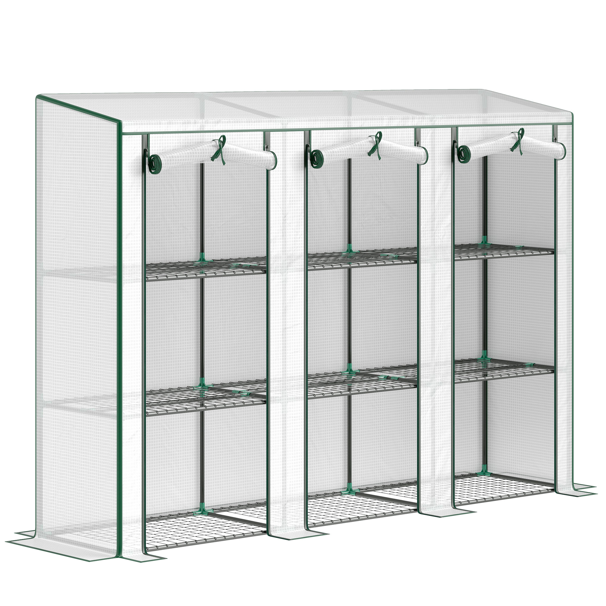Outsunny PVC-Gewächshaus mit 3-stufigen Regalen, Balkon-Gewächshaus, Stahlgestell, 2 aufrollbare Reißverschlusstüren, für Gemüse, Pflanzen, Blumen, 215 x 46 x 151 cm, Weiß Aosom