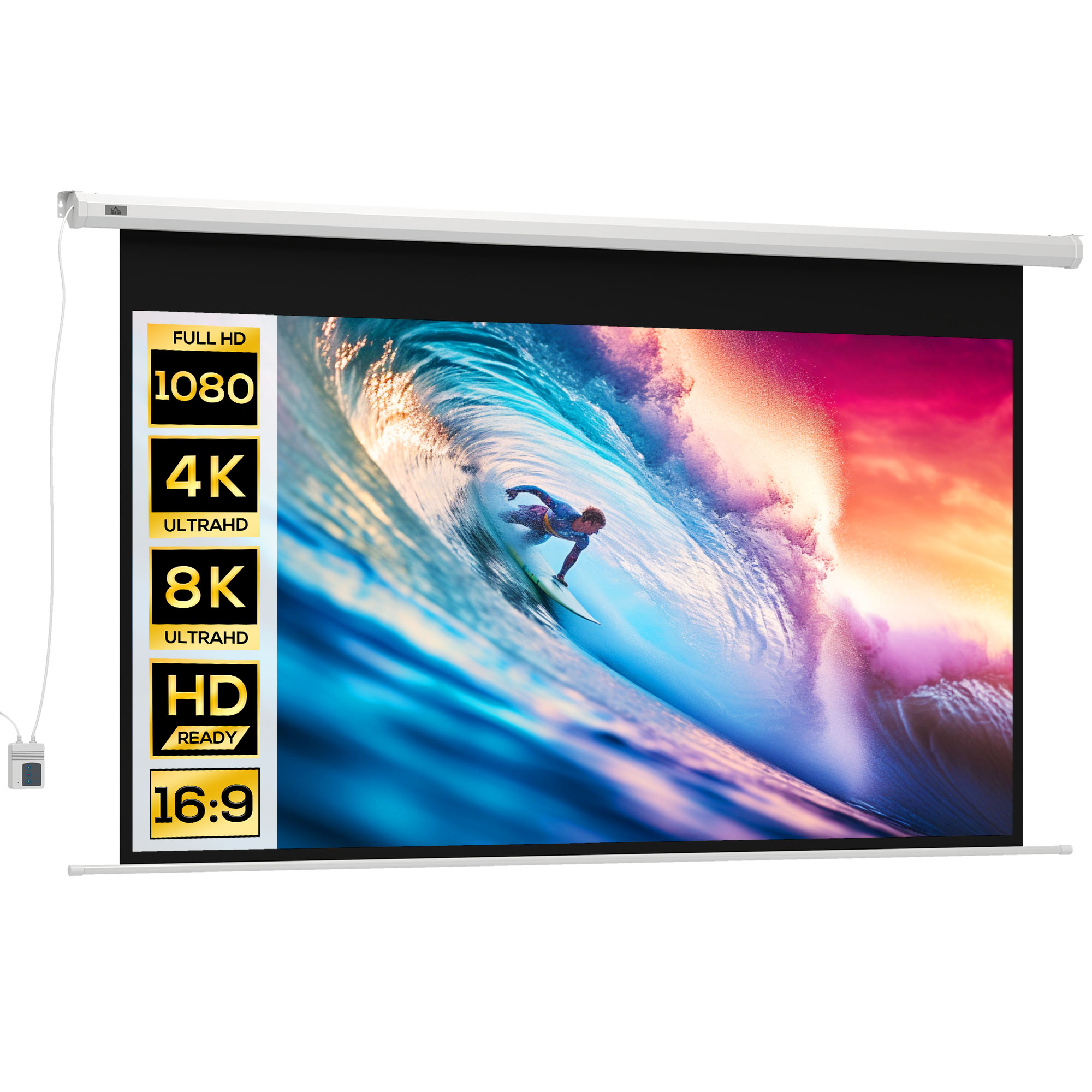 HOMCOM Motorisierte Projektionsleinwand 254 cm 4K HD Format 16:9, elektrische Leinwand mit Fernbedienung, Leinwand für Zuhause, Kino, Büro, 251x168 cm, Weiß   Aosom