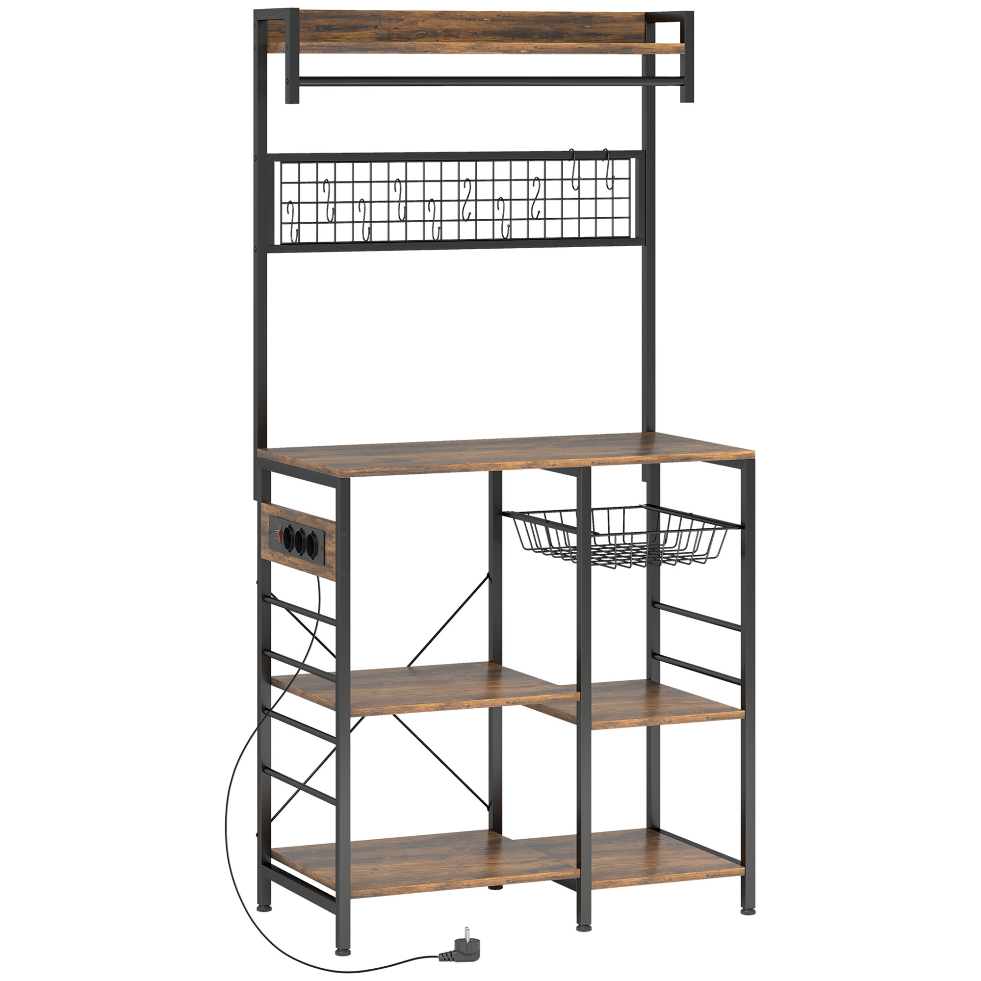 HOMCOM Küchenregal mit drei Steckdosen und LED-Beleuchtung, industrielles Bäckereiregal mit Ablage für Mikrowelle, Metallgitterkorb, Haken, Stange 80x42x162 cm, Rustikbraun und Schwarz Aosom