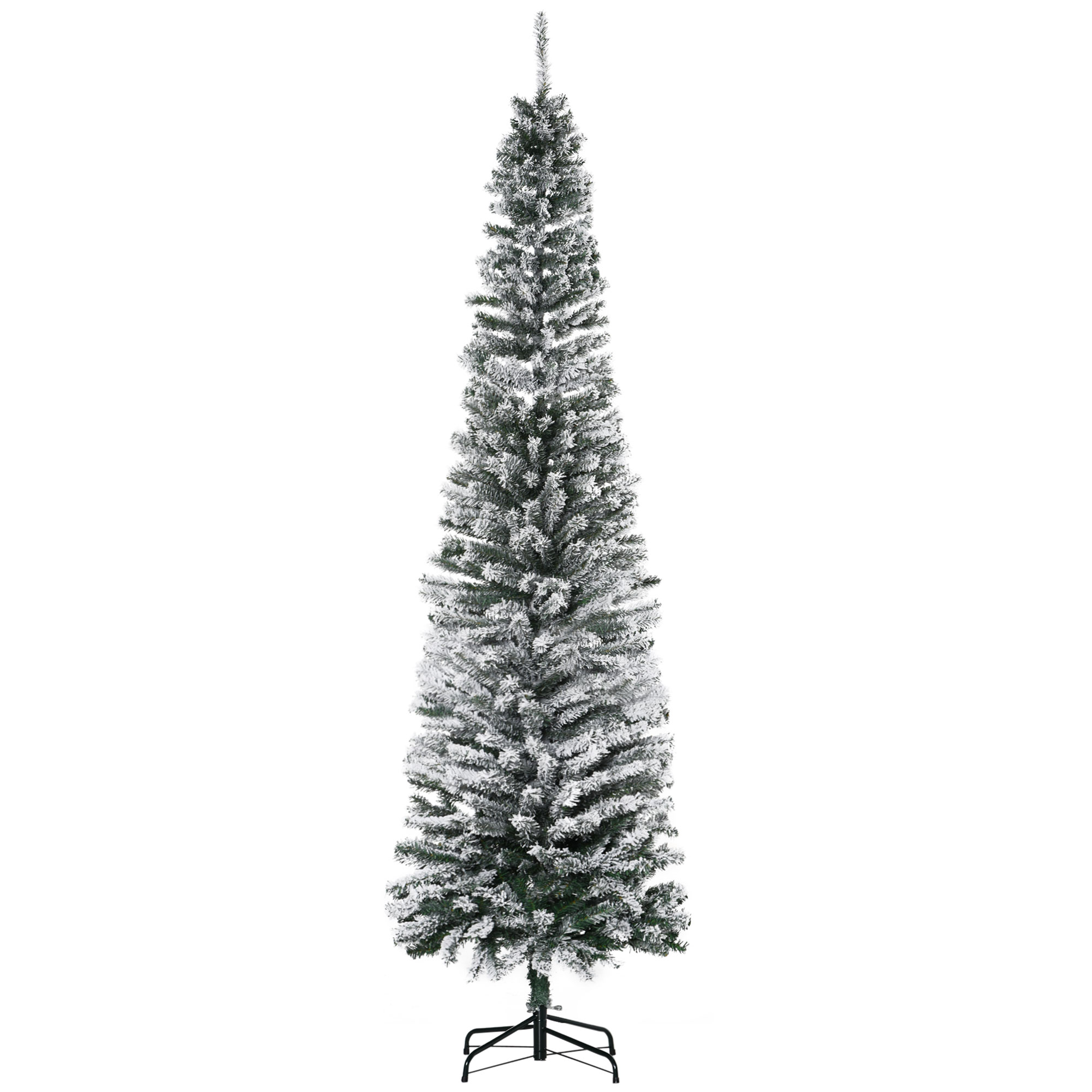 HOMCOM Künstlicher Weihnachtsbaum 225 cm Bleistift Kiefernbaum mit Schnee, 738 Spitzen Beflockter Christbaum Weihnachtsdeko inkl. Metallständer für drinnen Aosom