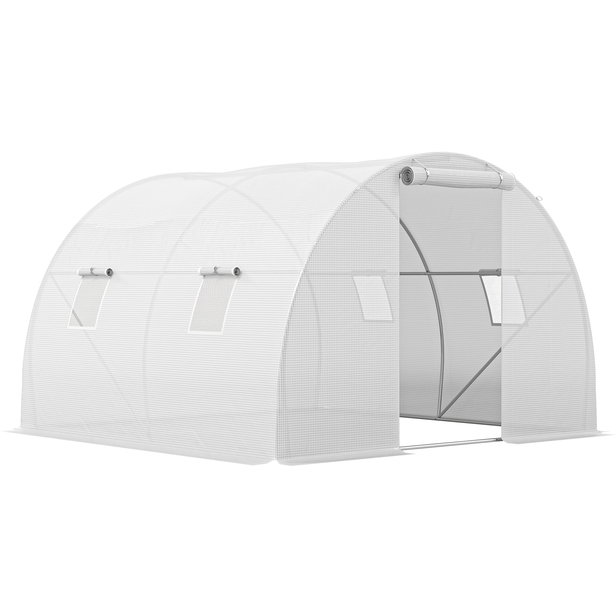 Outsunny Tunnel-Gewächshaus 9 m² Abm. 3L x 3l x 2H m - 4 Fenster, aufrollbare Reißverschlusstür - Rohrrahmen verzinkter Stahl, PE-Hochdichteplane Weiß Aosom