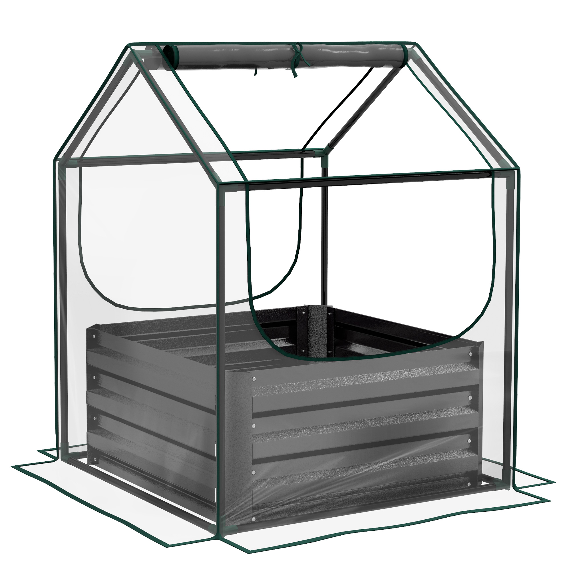 Outsunny Hochbeet mit Mini-Gewächshaus, erhöhtes Pflanzbeet, Blumenkasten aus verzinktem Stahl, für Kräuter und Gemüse im Garten, Balkon, Terrasse, dunkelgrau Aosom