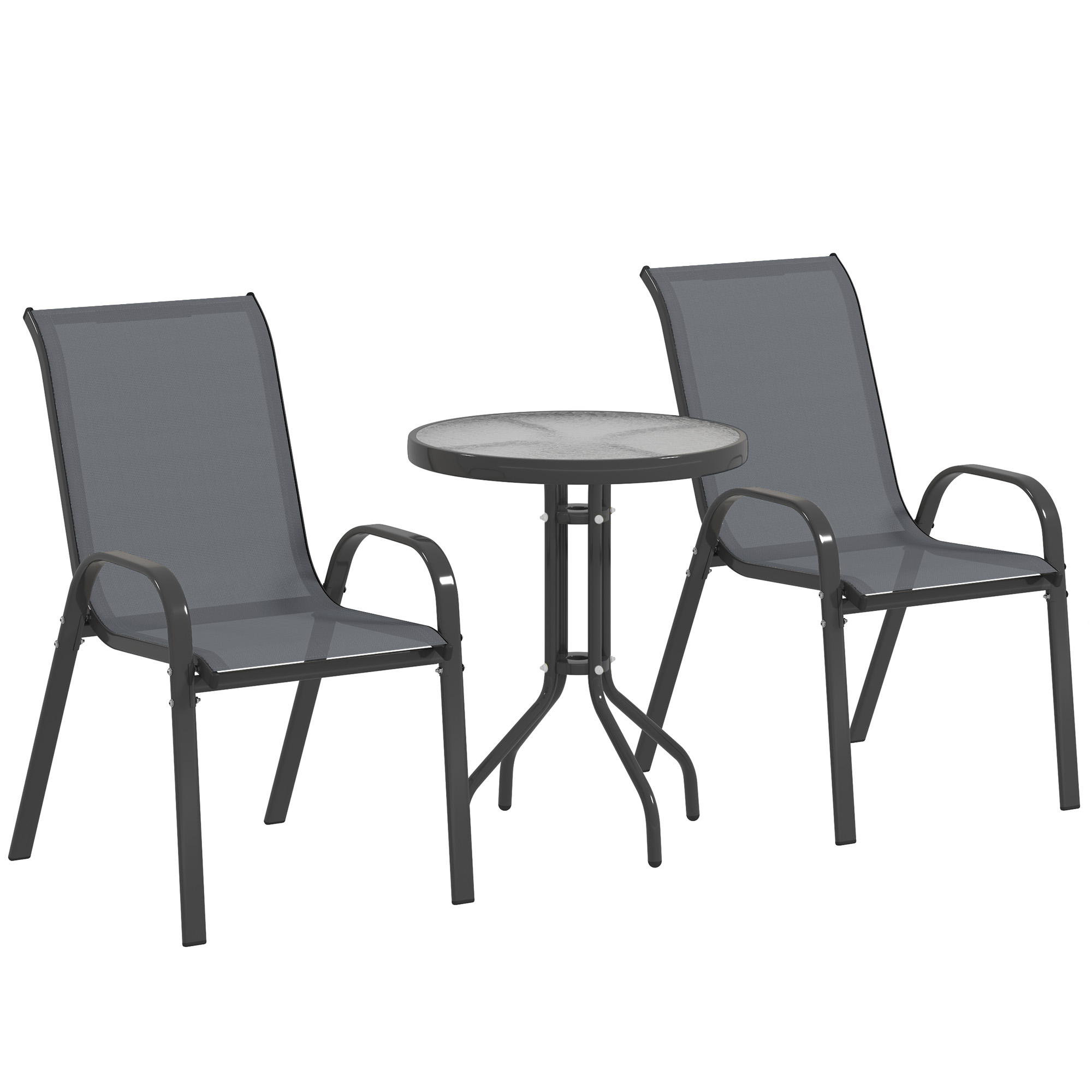 Outsunny Bistro-Set 3-teilig Wetterfest Gartenmöbel Set mit Glastisch Stapelbare Gartenstühlen Outdoor Balkonmöbel Set Sitzgruppe Balkonset Gartengarnitur Dunkelgrau   Aosom