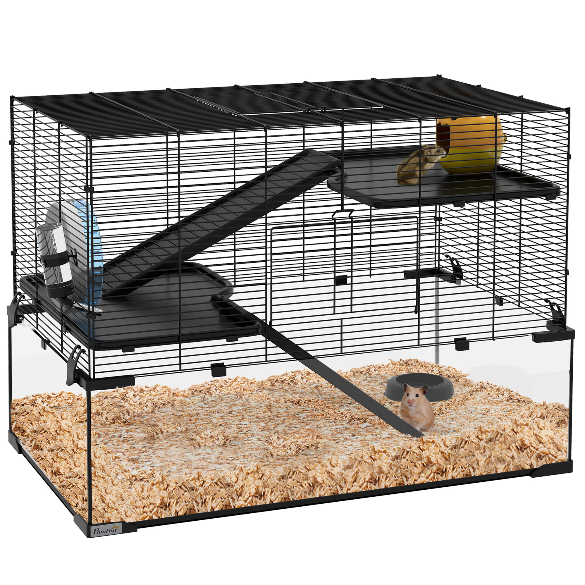 PawHut Hamsterkäfig, Kleintierkäfig, 3 Ebenen mit Laufrad, Rampen, Häuschen, Trinkflasche, Futternapf, 76,5L x 48,5l x 54,5H cm, schwarz   Aosom