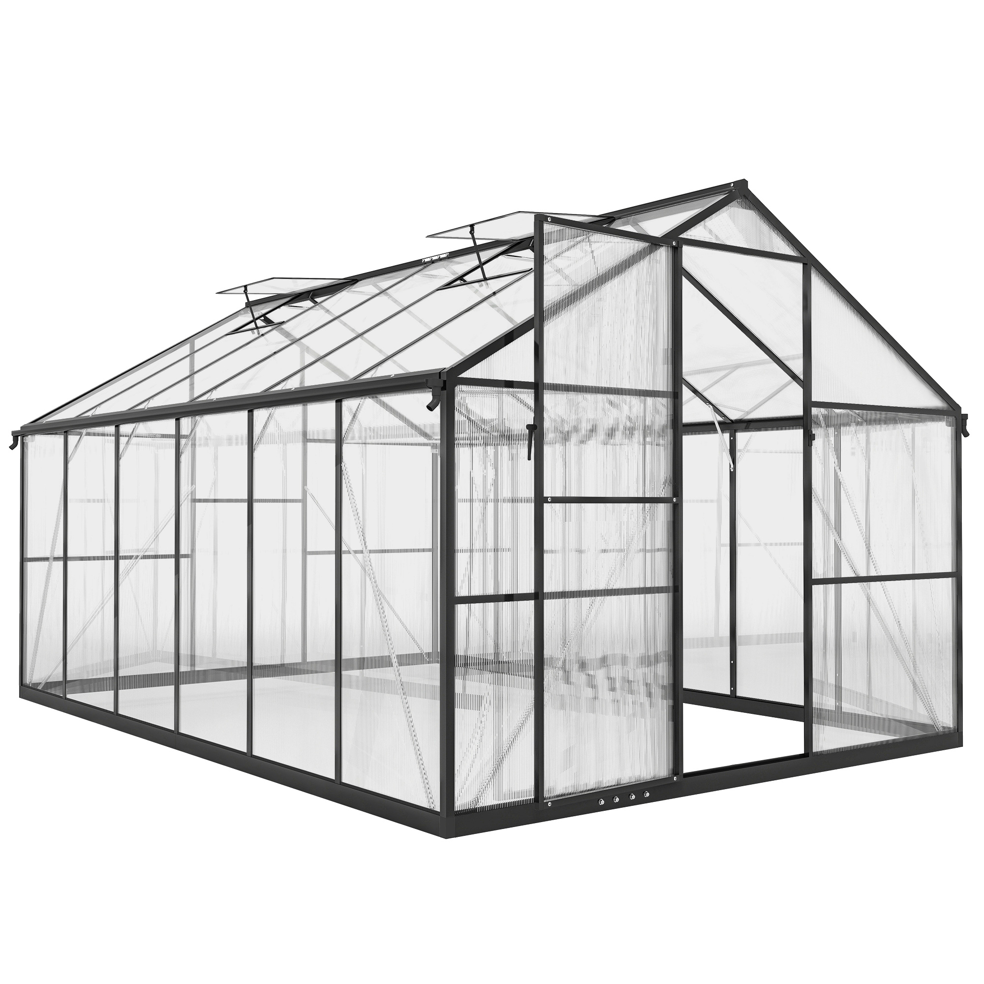 Outsunny Gewächshaus aus Aluminium mit Polycarbonat, Gewächshaus mit verstellbaren Oberfenstern, Flügeltür und Dachrinnen, wetterfester Außenunterstand für Pflanzen Blumen transparent Aosom