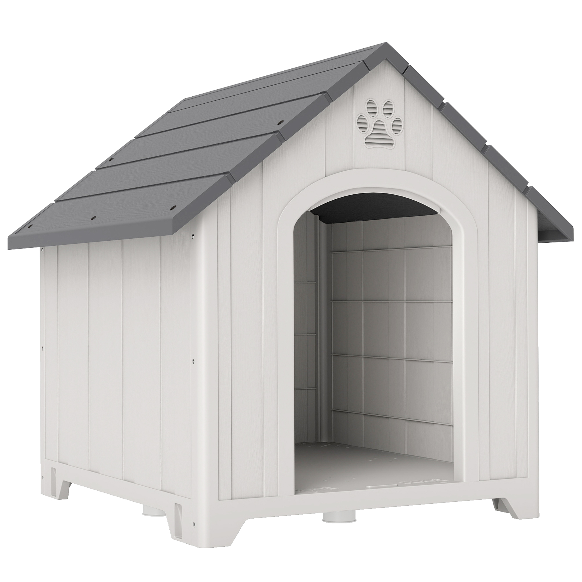 PawHut Außen-Hundehütte, wasserfeste Kunststoff-Hundehütte für große Hunde mit 2 Fenstern, erhöhter Sockel, Erdnägel, einfache Montage, 88x79x89 cm, Grau   Aosom