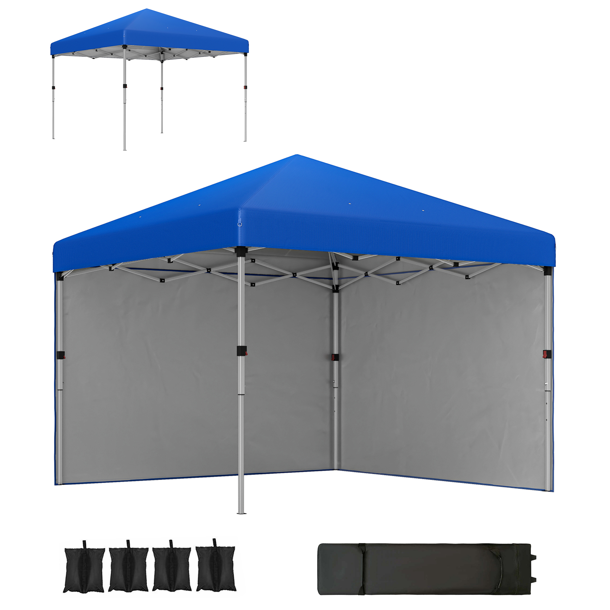 Outsunny Faltpavillon Pop-up Gazebo 3x3 m Klapppavillon mit 2 seitlichen Anti-UV-Wänden, 3-stufig höhenverstellbar, Sandsäcke und Transporttasche mit Rollen, für Camping & Partys, Blau Aosom
