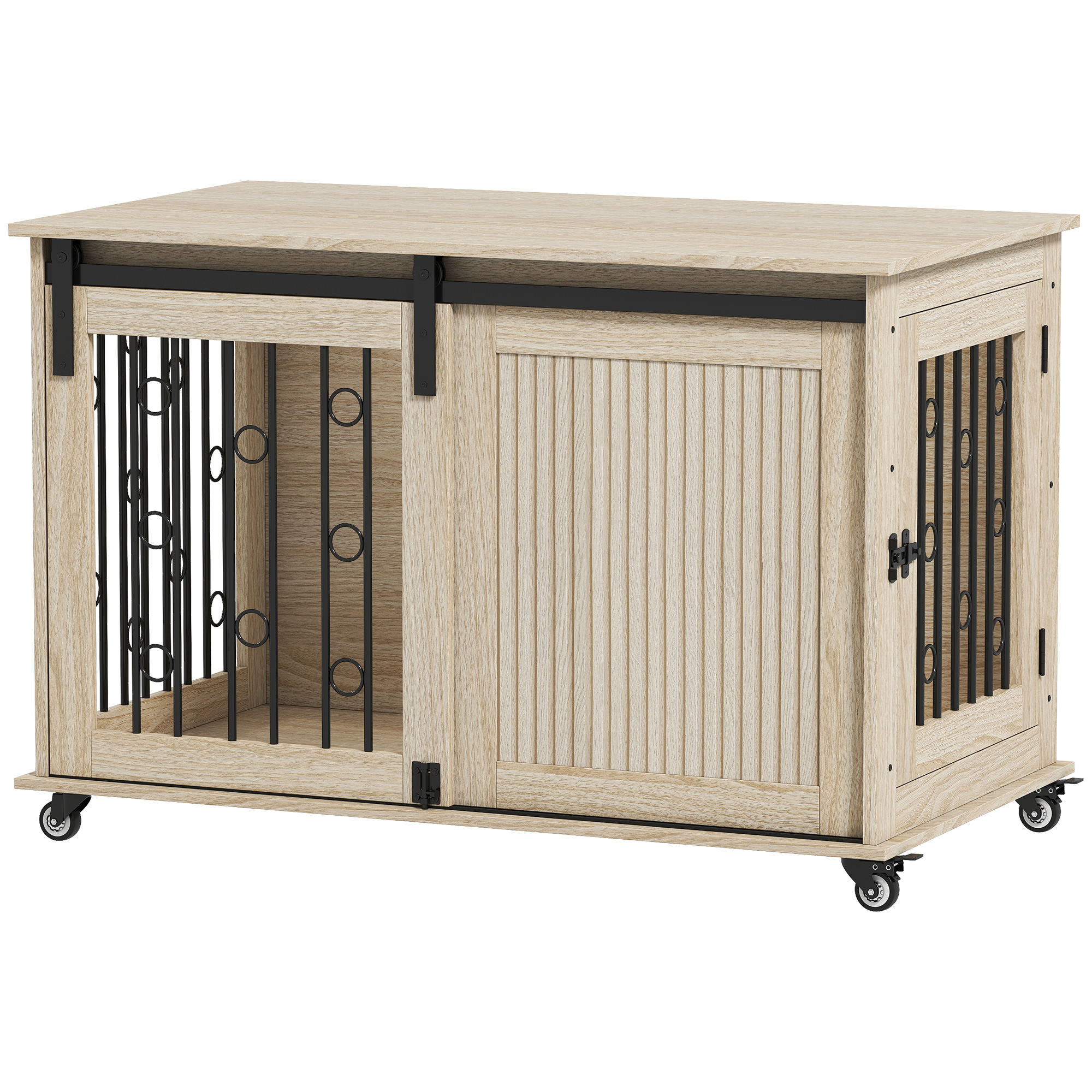 PawHut Hundekäfig 100 cm Hundebox für Zuhause mit Rollen, Schiebetür, Seitentür Abschließbare Hundehütte für Mittelgroße, Große Hunde, Eiche   Aosom