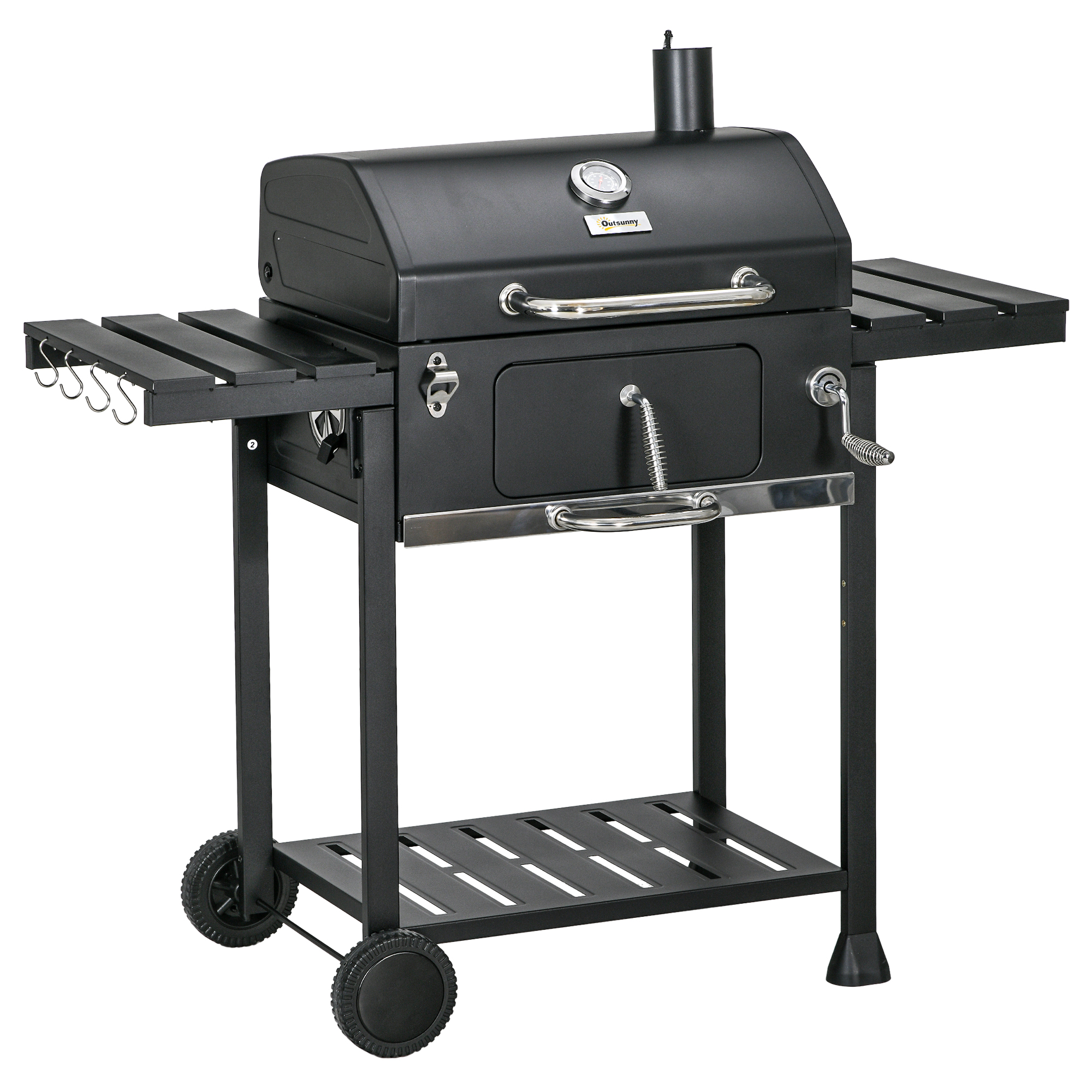 Outsunny Holzkohlegrill Campinggrill mit zwei Grillrosten, klappbaren Seitenablagen, Grillwagen mit Regal und Griff, Edelstahl Schwarz Aosom.de