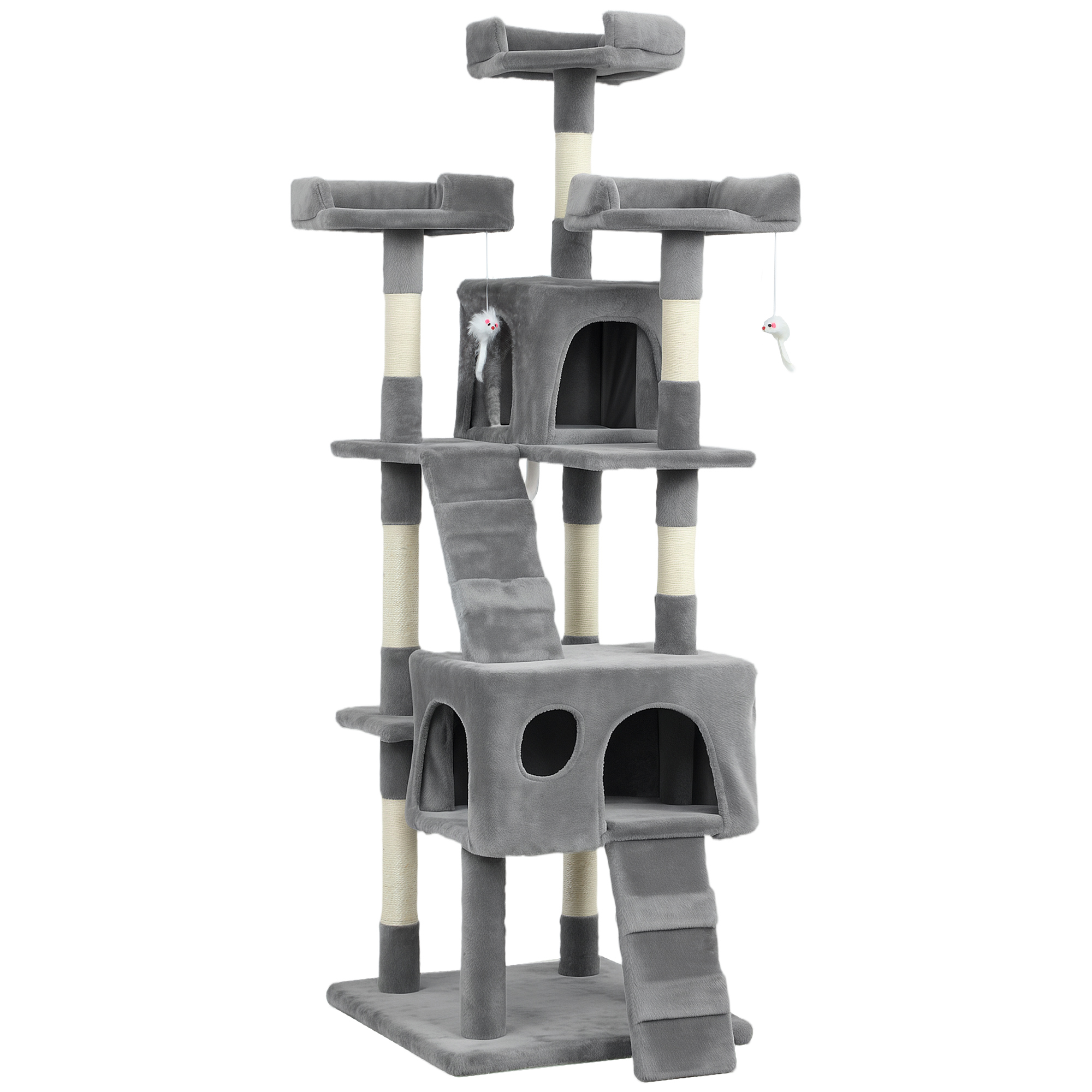 PawHut Kratzbaum für Katzen, Katzenbaum 153 cm, Kletterturm mit 2 Höhlen, 3 Liegeflächen, 2 Rampen, Sisalpfosten, 2 hängende Mäuse, Grau Aosom