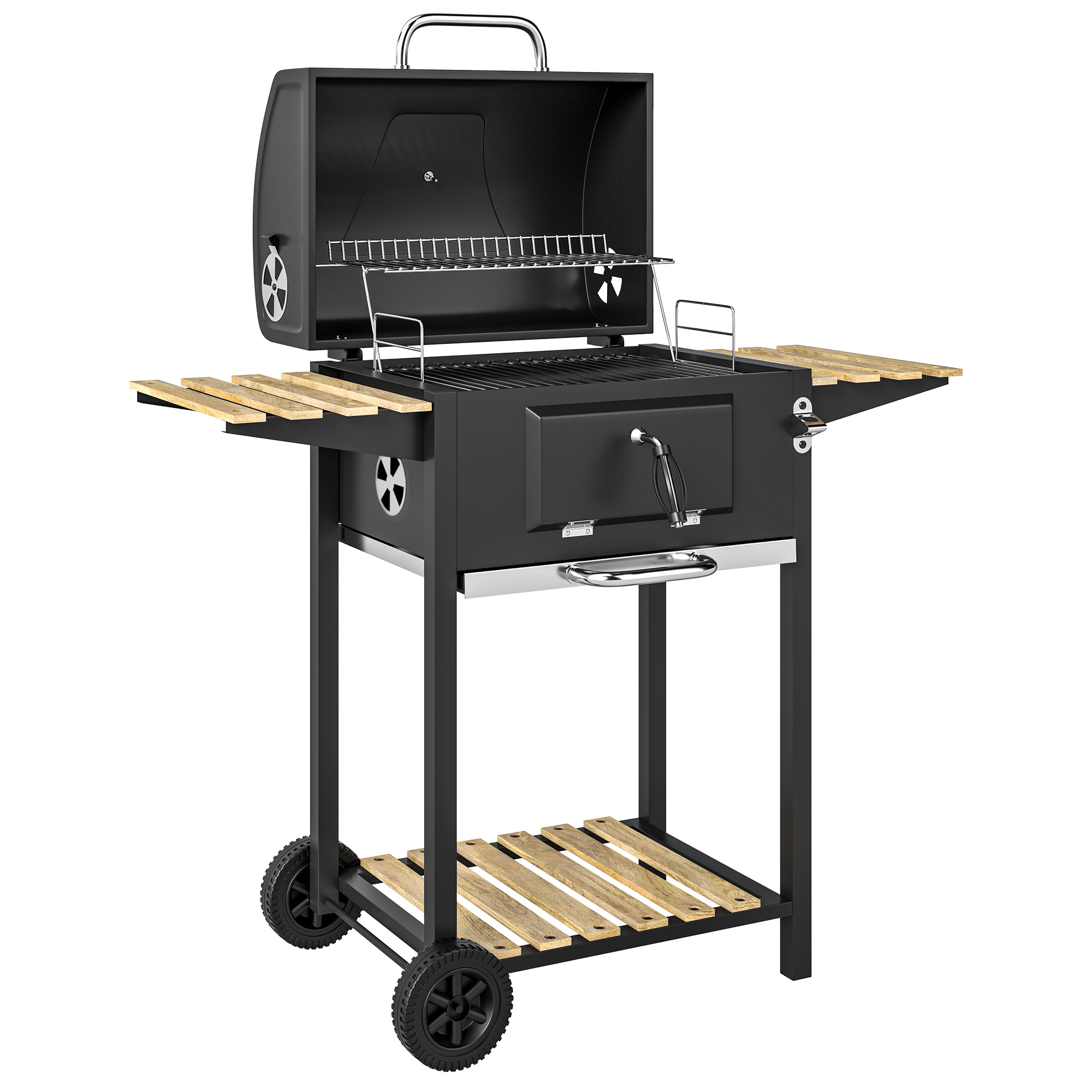 Outsunny Holzkohlegrill aus Edelstahl fahrbar Grillwagen mit Deckel Thermometer Grillrost Räder Griff verstellbar Kohlewanne, Kohlegrillwagen mit Holzablage BBQ Smoker für Camping Garten 112x58x107cm   Aosom