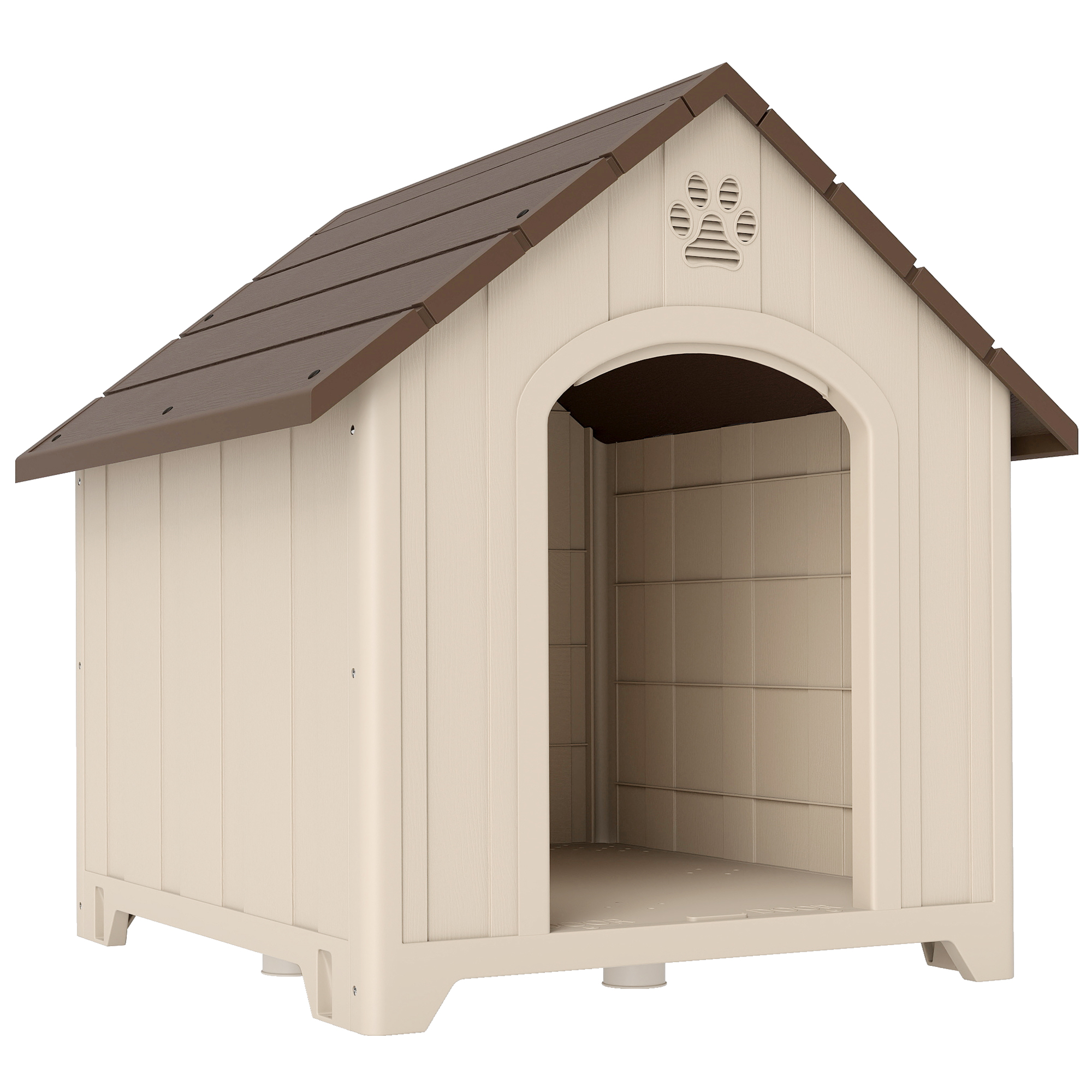 PawHut Hundehütte für den Außenbereich, Große und XL-Größe, wasserdichtes Kunststoff-Hundehaus mit erhöhter Basis, Fenster und abgeschrägtem Dach für Garten, Patio, Terrasse, Zuhause, 102x94x103 cm, Beige   Aosom