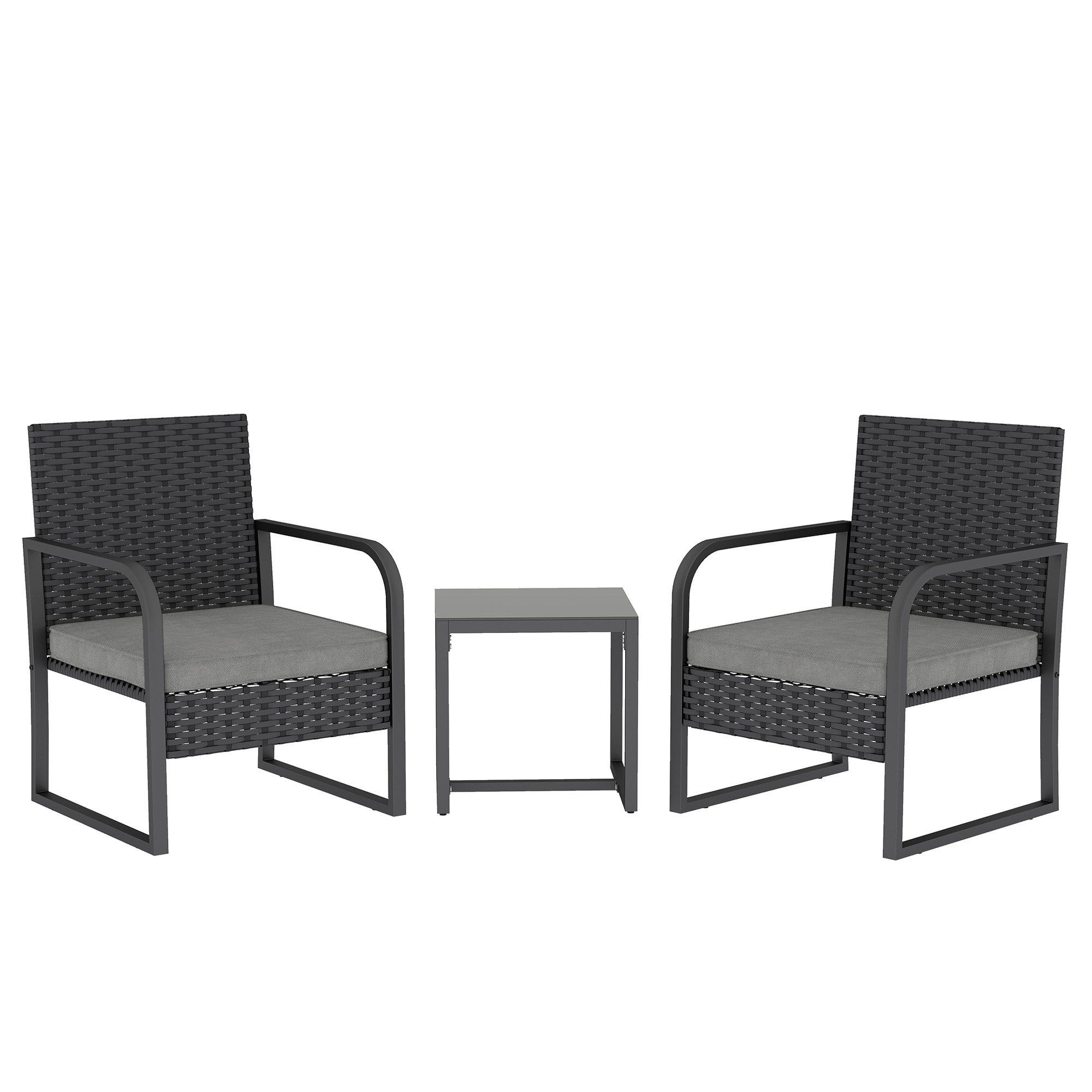 Outsunny 3-teiliges Garten-Set aus PE-Rattan und Stahl, 2 Stühle mit waschbaren Kissen und Beistelltisch mit Glasplatte, Balkonmöbel-Set für Terrasse und Hof, Dunkelgrau und Schwarz   Aosom