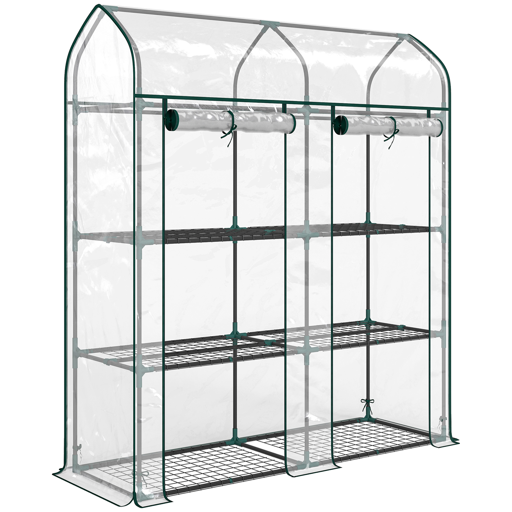 Outsunny Kleines Gewächshaus mit 3 Ebenen, Außen-Gewächshaus mit 2 aufrollbaren Türen, Stahlrahmen und UV-beständige Kunststoffabdeckung zum Pflanzenanbau, Blumen, 143x46x165 cm, Transparent   Aosom