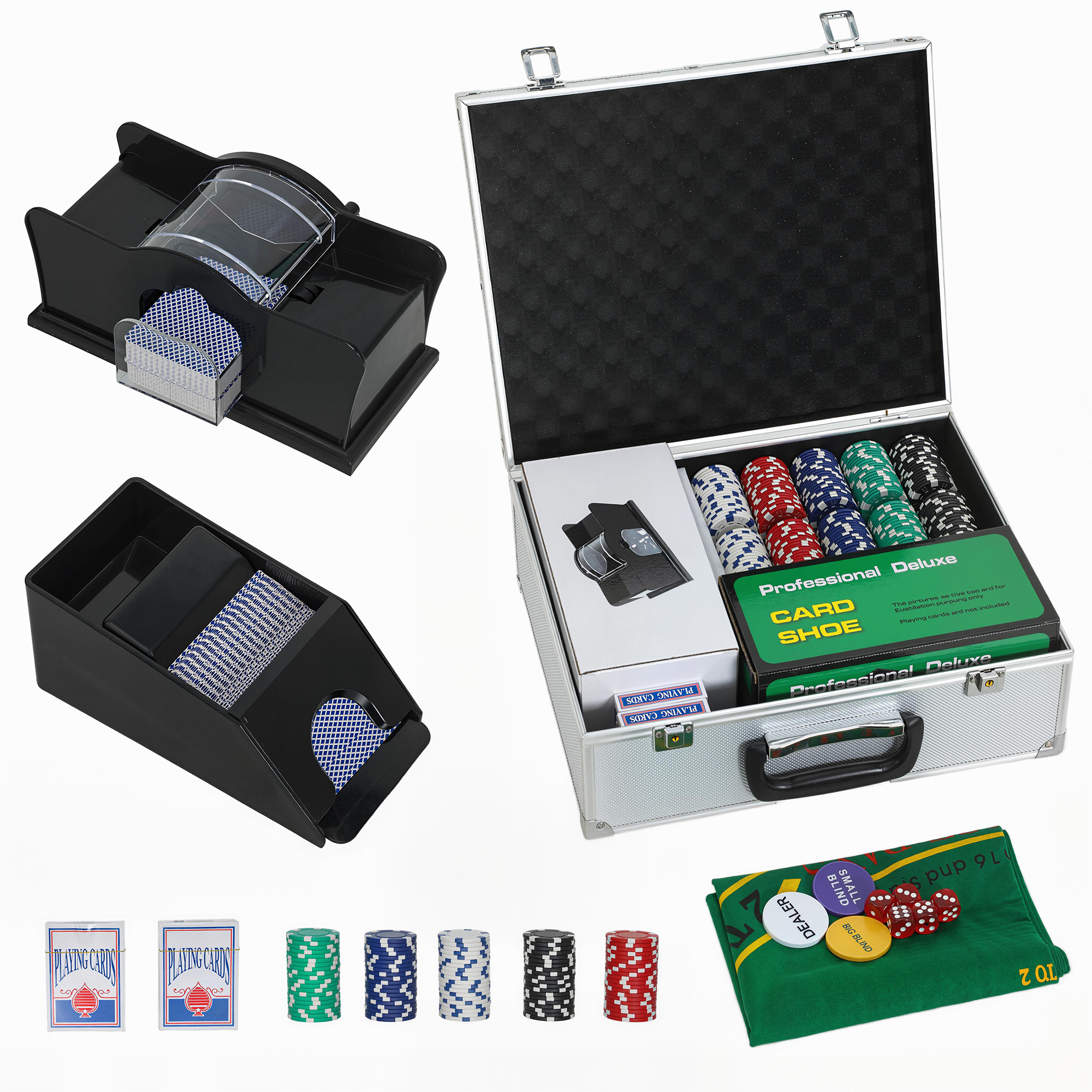 SPORTNOW Pokerkoffer abschließbar Pokerset mit Koffer 300 Chips Karten 5 Würfel Dealer Button Kartendecks, Pokerchips Komplett Set Pokerspiel Kartenspiele Aluminiumkoffer für Texas Hold'em, Blackjack Aosom
