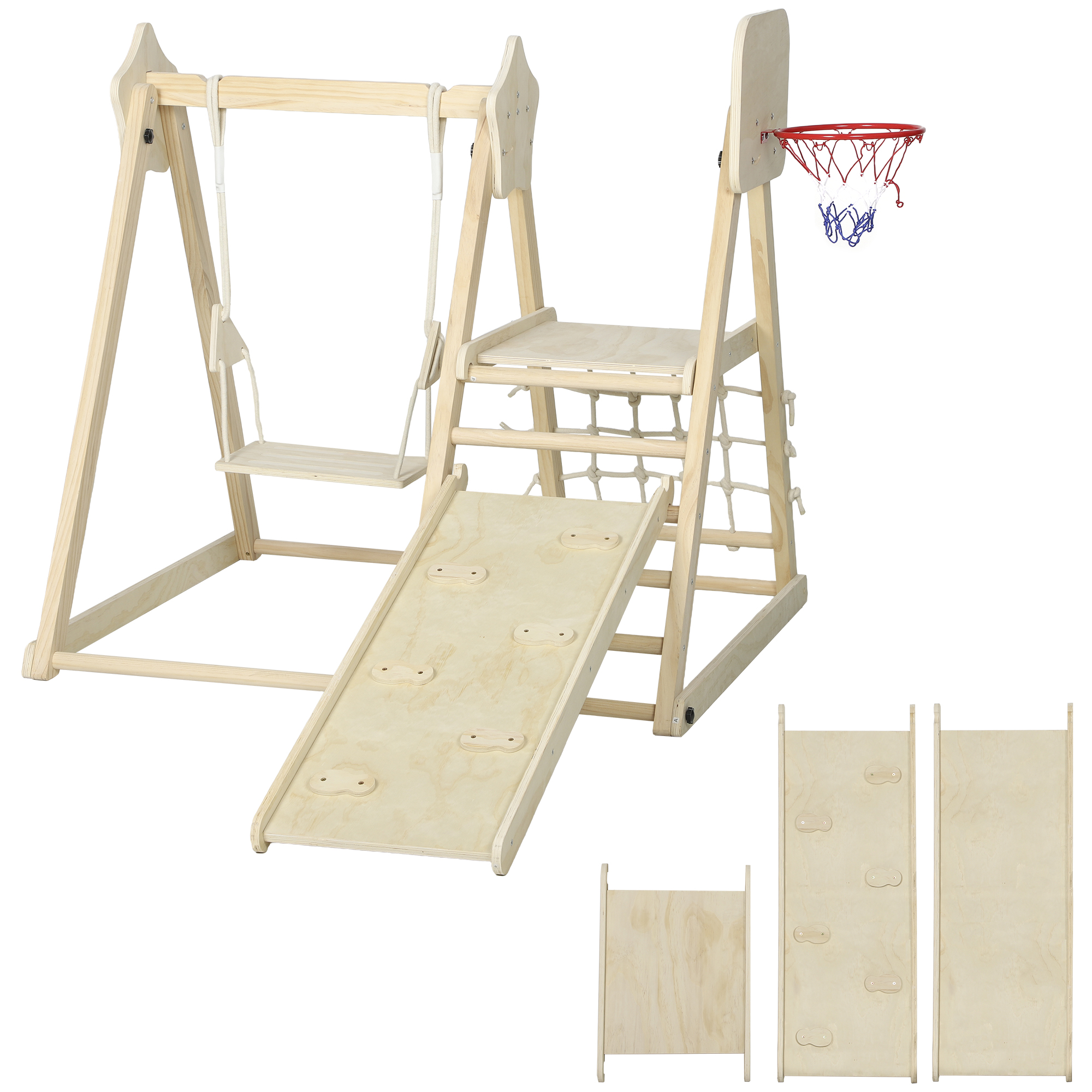 AIYAPLAY 5-in-1 Klettergerüst Montessori Indoor Holz Kletterdreieck mit Rutsche, Schaukel, Kletternetz und -brett, Basketballkorb, Klappbar Spielplatz für Kinder von 3-6 Jahren, Natur   Aosom