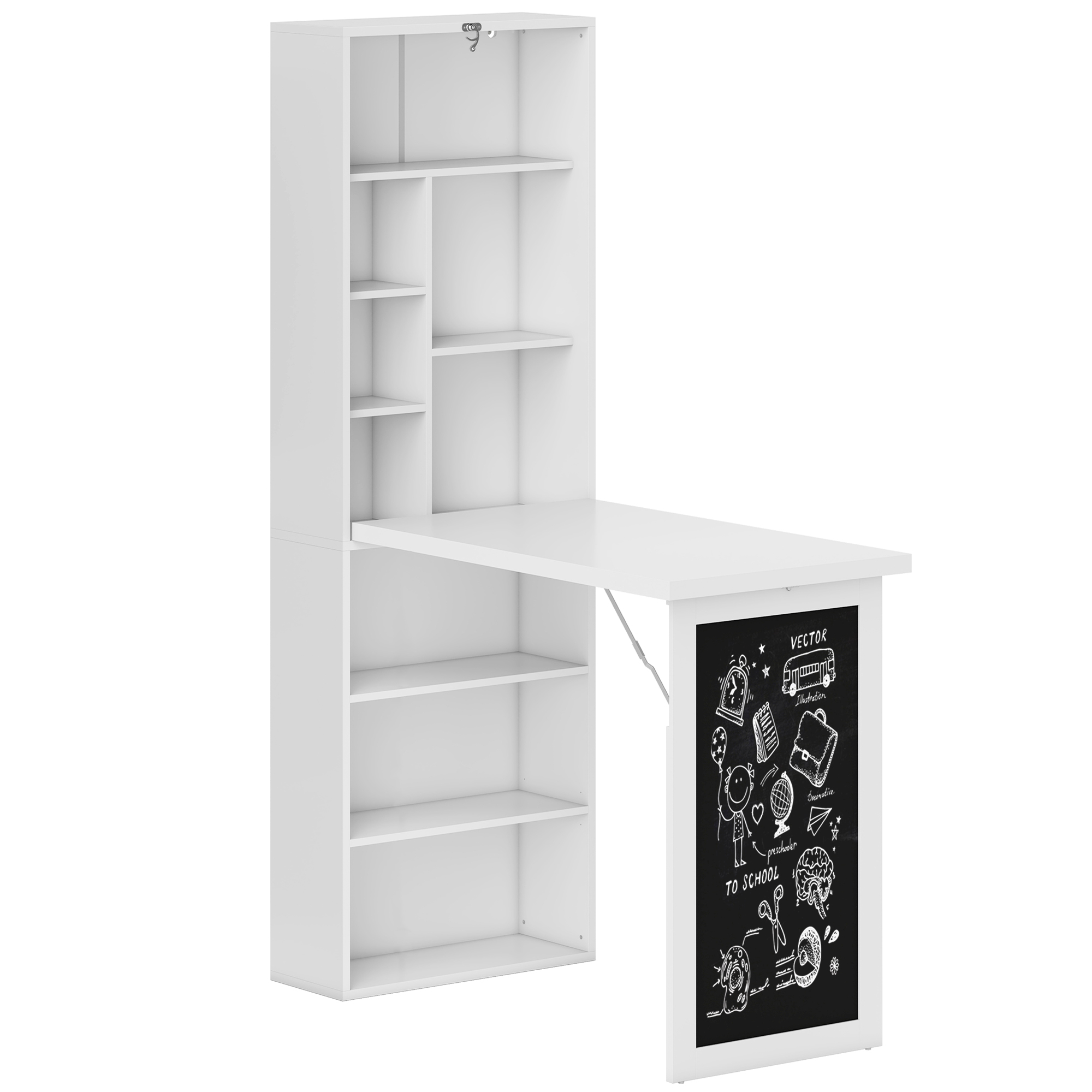 HOMCOM Schreibtisch klappbar mit 6 Fächer Bücherregal mit 3 Regale Computertisch Bürotisch E1 Spanplatte Metallrahmen Weiß 98 x 51 x 153 cm Aosom