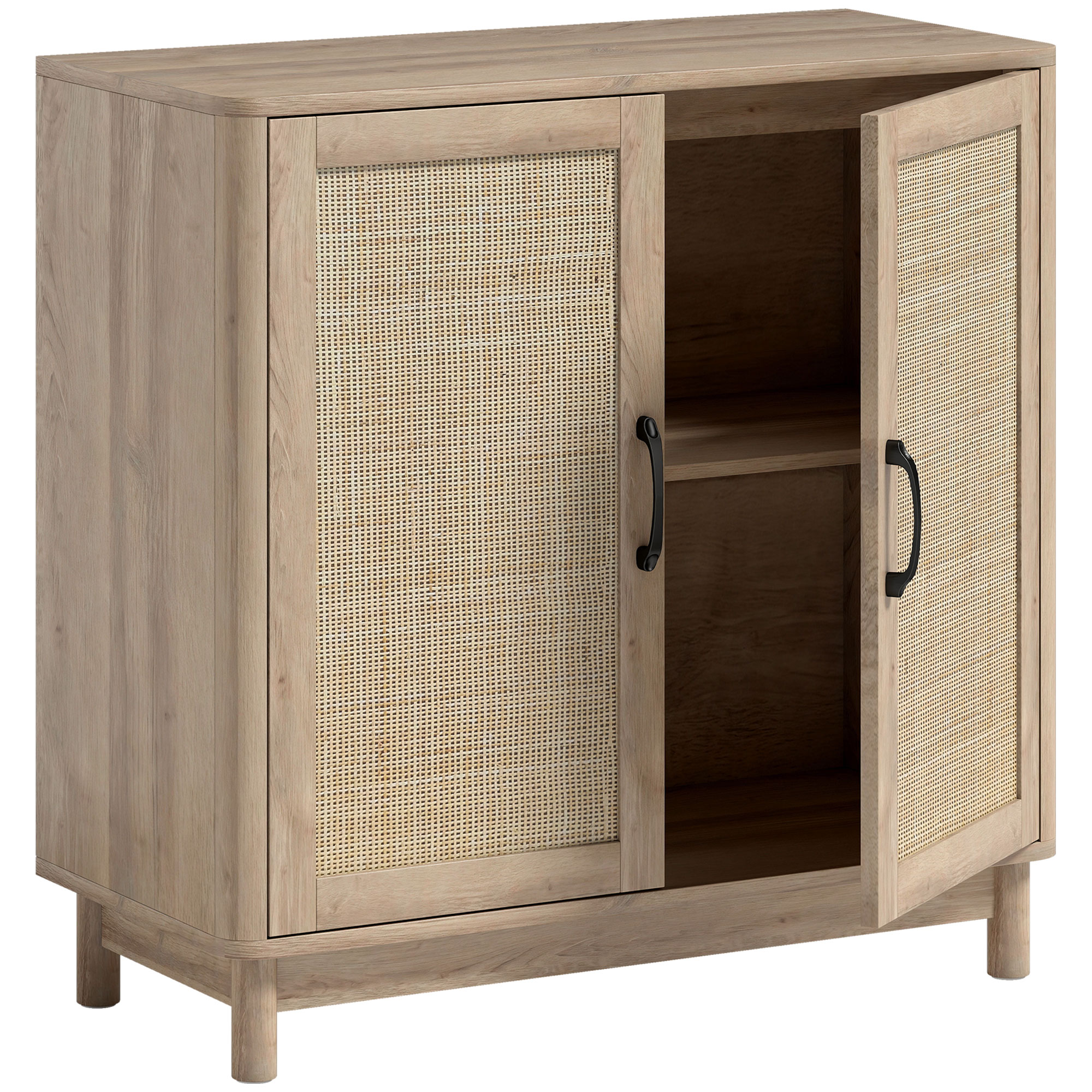 HOMCOM Sideboard, Aufbewahrungsmöbel mit 2 Rattan-Türen, höhenverstellbares Regal und abgerundete Kanten, Boho-Stil, Sideboard für Esszimmer und Küche, 76 x 35 x 75,5 cm, Eiche   Aosom