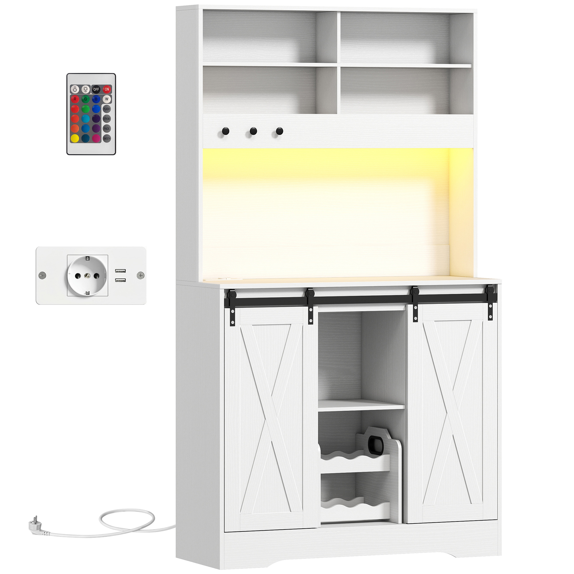 HOMCOM Hoher rustikaler Küchenschrank 180 cm, Vorratsschrank mit Ladeanschlüssen, LED-Leuchten, Flaschenhalter, Ablage für Mikrowelle, offene Regale, Schiebetüren, Kabeldurchführung Esszimmer, Weiß   Aosom