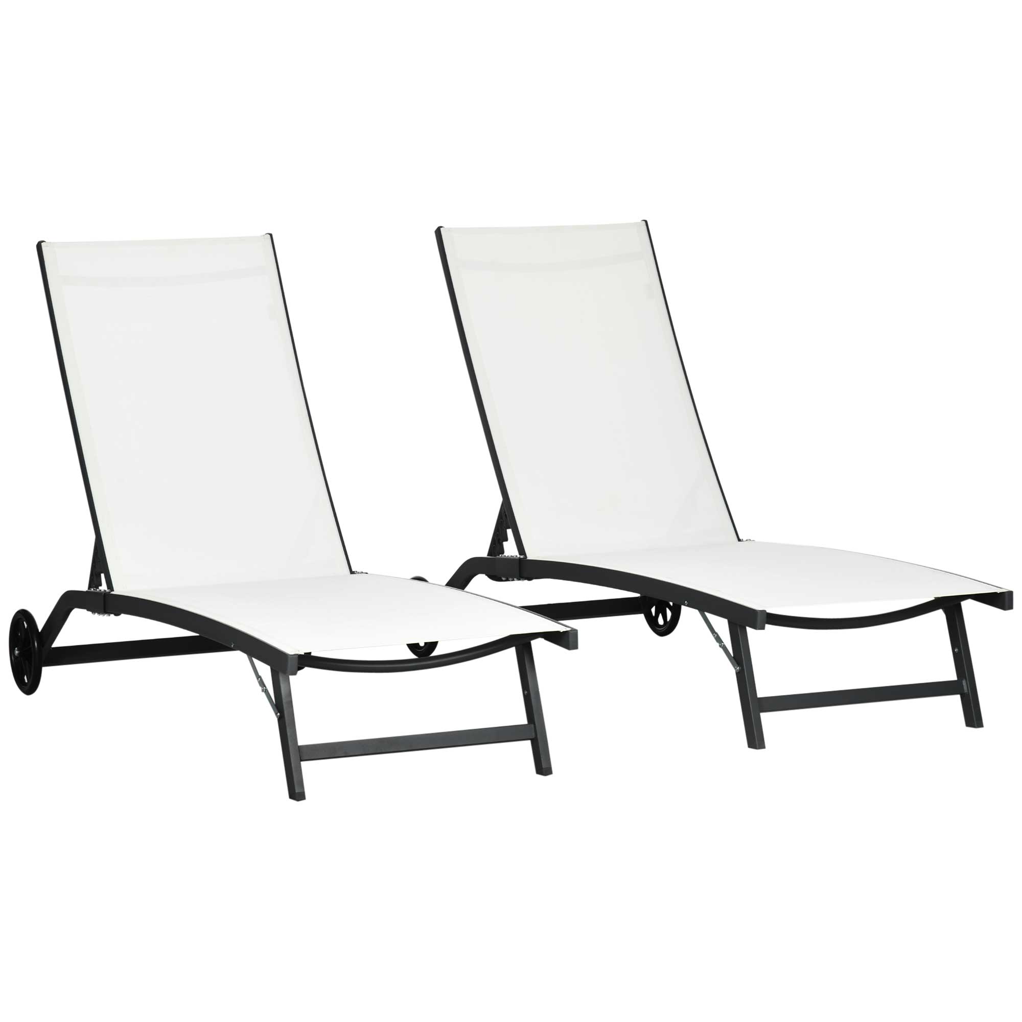 Outsunny Set mit 2 Gartenliegen mit Rollen und 5-fach verstellbarer Rückenlehne, Gartenliege aus Aluminium und Textilene, für Strand, Pool, 66x165x102cm, Creme Aosom