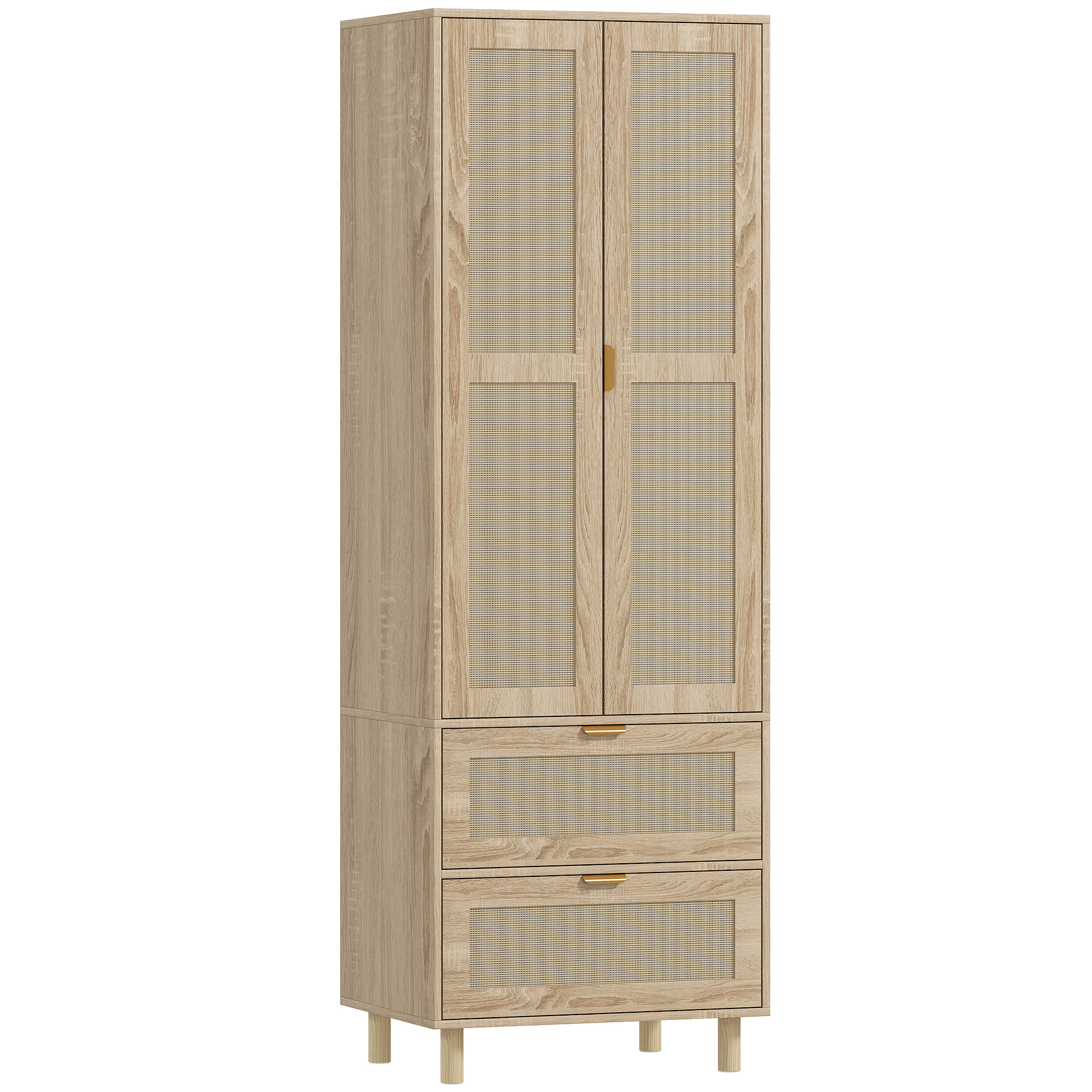 HOMCOM Schlafzimmer-Kleiderschrank mit 2 Rattan-Türen, 2 Schubladen und Kleiderstange, Kleiderschrank, Ankleide, Bohème-Stil, für Schlafzimmer, 63 x 47 x 185 cm, Naturholz   Aosom