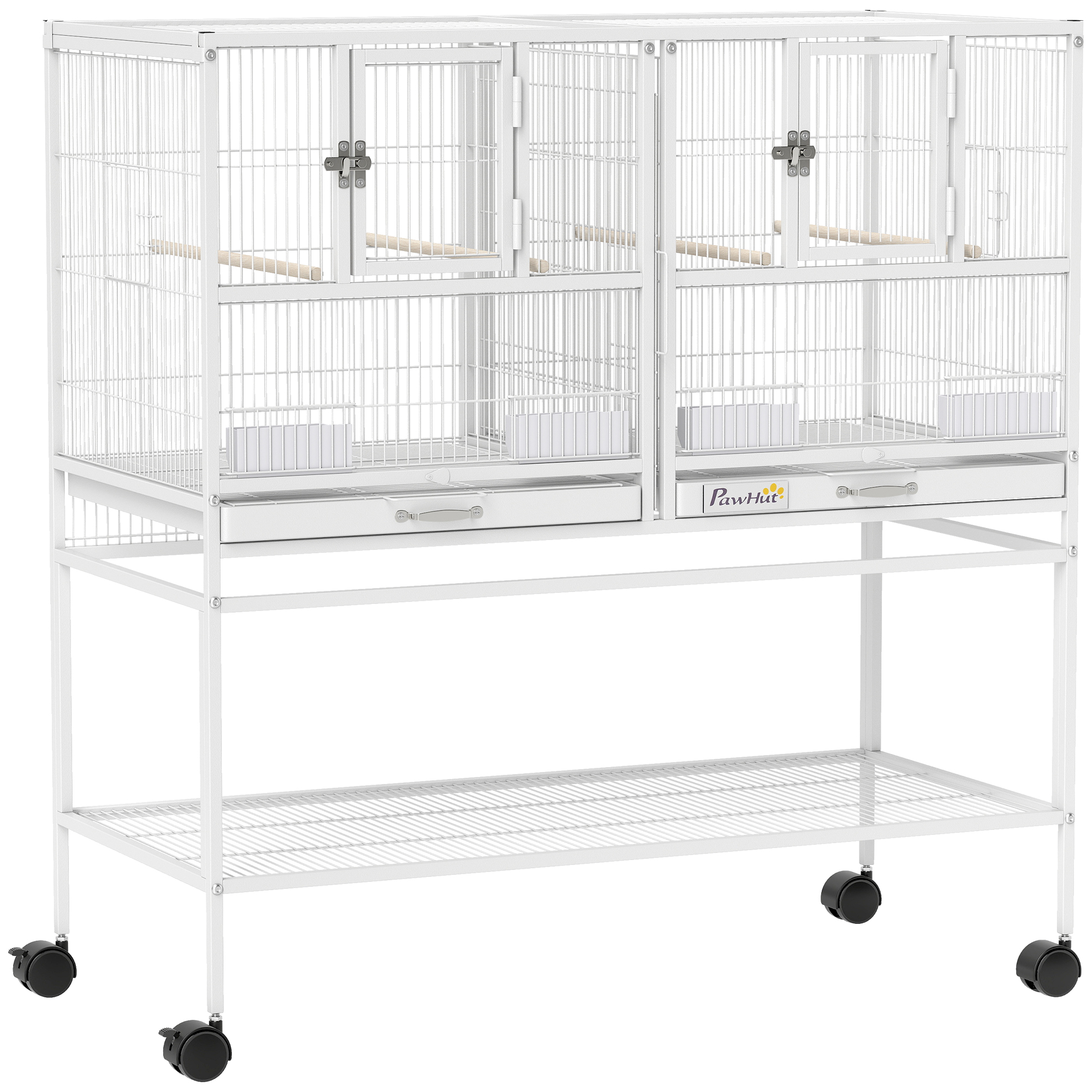 PawHut Großer Vogelkäfig mit Trennwand, Doppelkäfig mit Rollen, 4 Futternäpfe, 4 Sitzstangen, Ablage, 2 herausnehmbare Schalen, für Wellensittiche, Unzertrennliche, Kanarienvögel, 95x45,5x102 cm, Weiß   Aosom