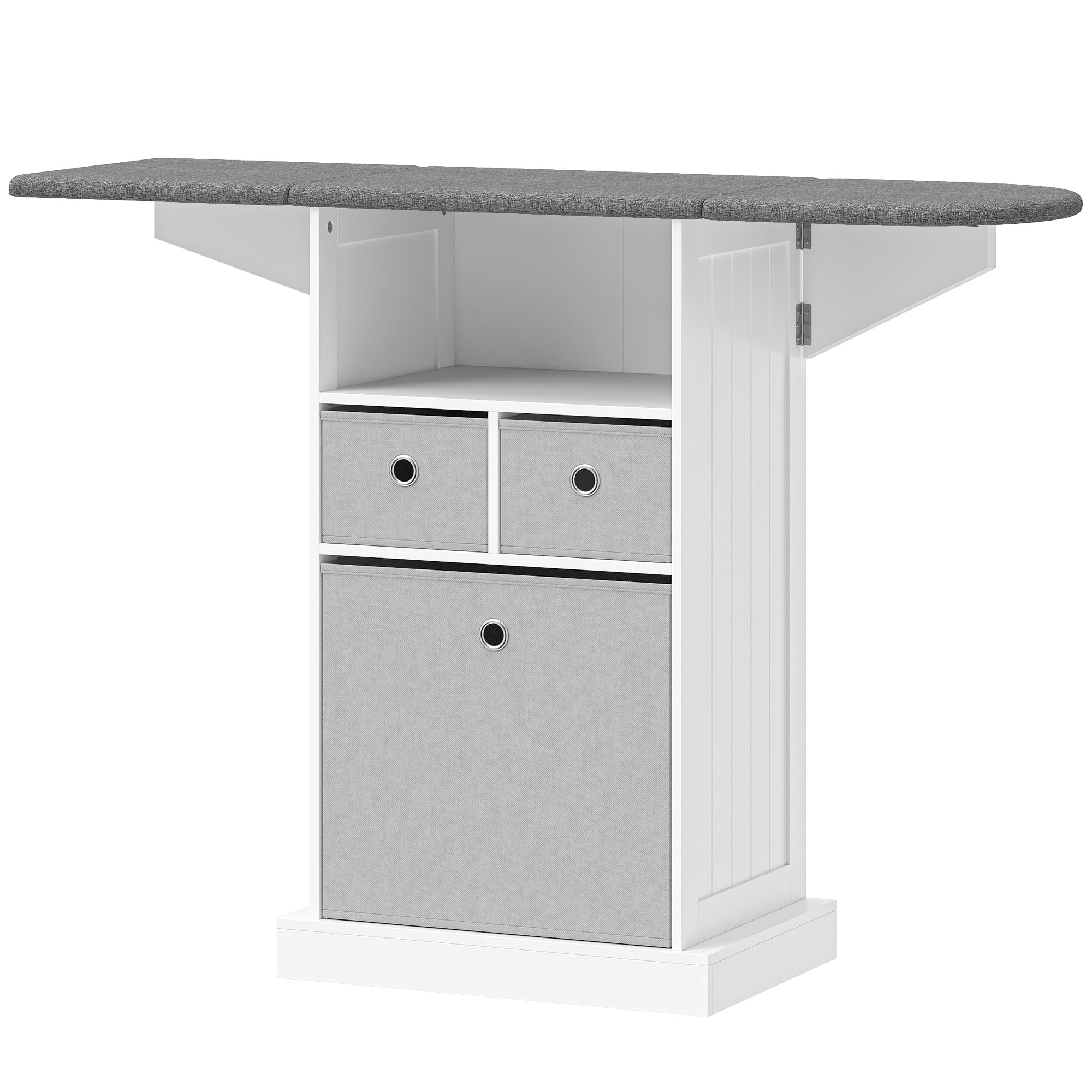 HOMCOM Bügelschrank mit Rollen, klappbares Bügelbrett, Bügelmöbel mit 3 Stoffschubladen, offenes Fach, 121x37x89,5 cm, Weiß   Aosom