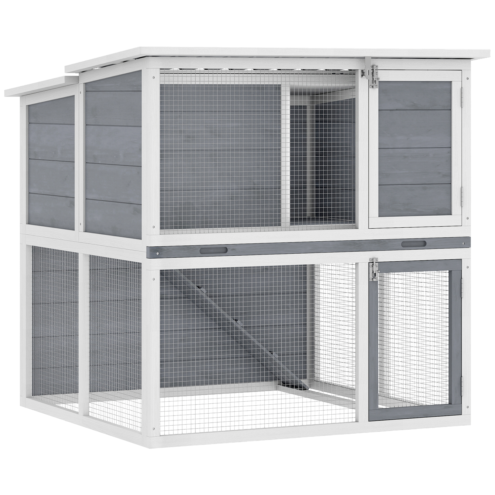 PawHut Hasenstall 2 Etagen Kaninchenstall aus Holz 98x95x102,5 cm Kaninchenkäfig mit wetterfest aufklappbar Dach, Freilaufgehege, Rampe, Türen, Hasenkäfig für Kaninchen, Hühner Outdoor Grau   Aosom
